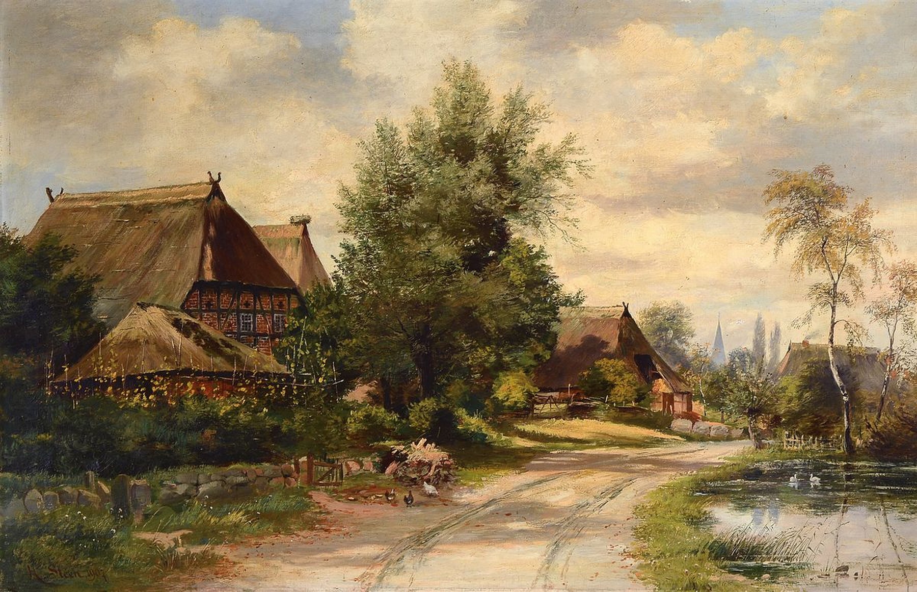 Heinrich Steen, Maler des 19./20. Jh., Holsteinisches Dorfbild, so rückseitig betitelt, Öl/Lwd, links unten signiert und dat. 1907, ca. 70x106cm, ...
