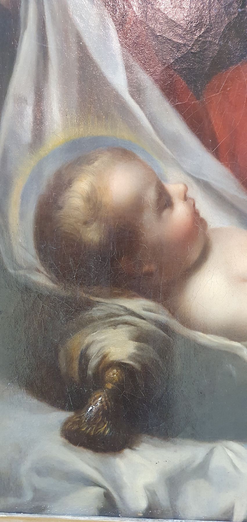 Detail a: Unbekannter Künstler, 2. Hälfte 19. Jh., Maria mit dem Jesuskind, Öl/Lwd, ca. 99x74cm, Rahmen reich geschnitzt in Durchbrucharbeit mit Rocaillen, ...