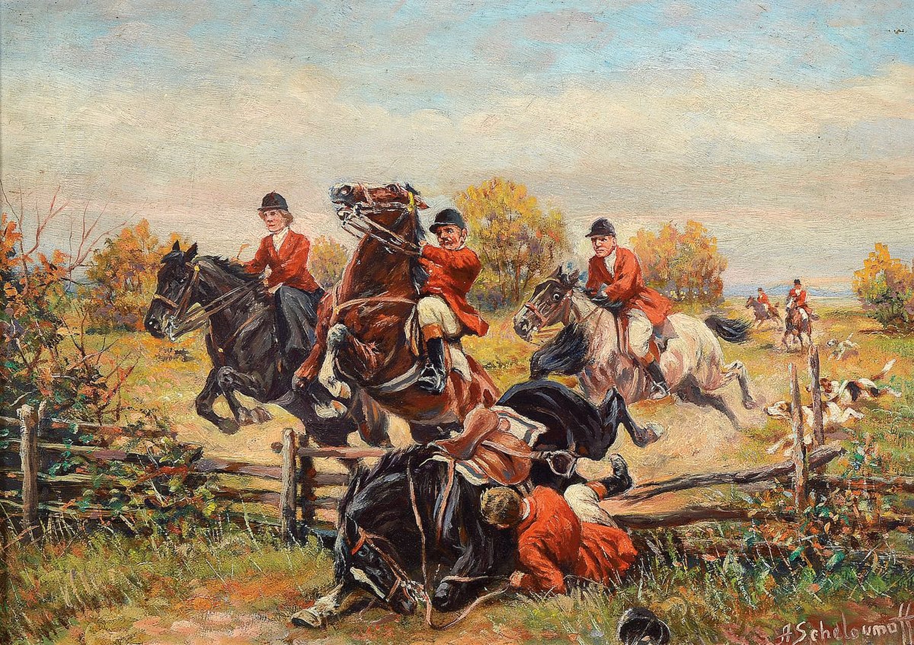 Afanasij Ivanovic Scheloumoff, 1892-1983 Polen, hier: Parforcejagd mit reicher Figurenstaffage, im Vordergrund Reiter fällt von einem Pferd, ...