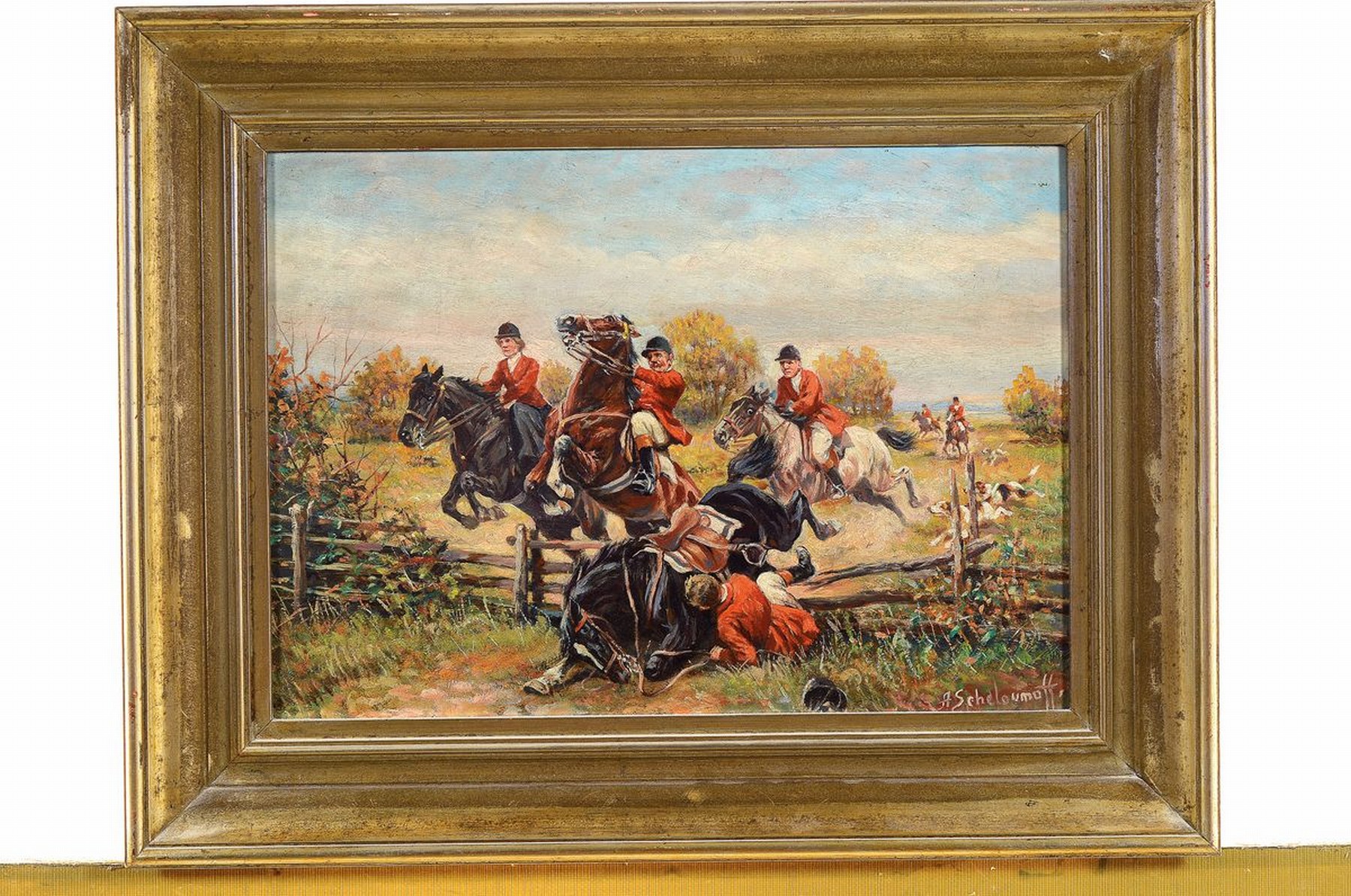 Detail k: Afanasij Ivanovic Scheloumoff, 1892-1983 Polen, hier: Parforcejagd mit reicher Figurenstaffage, im Vordergrund Reiter fällt von einem Pferd, ...
