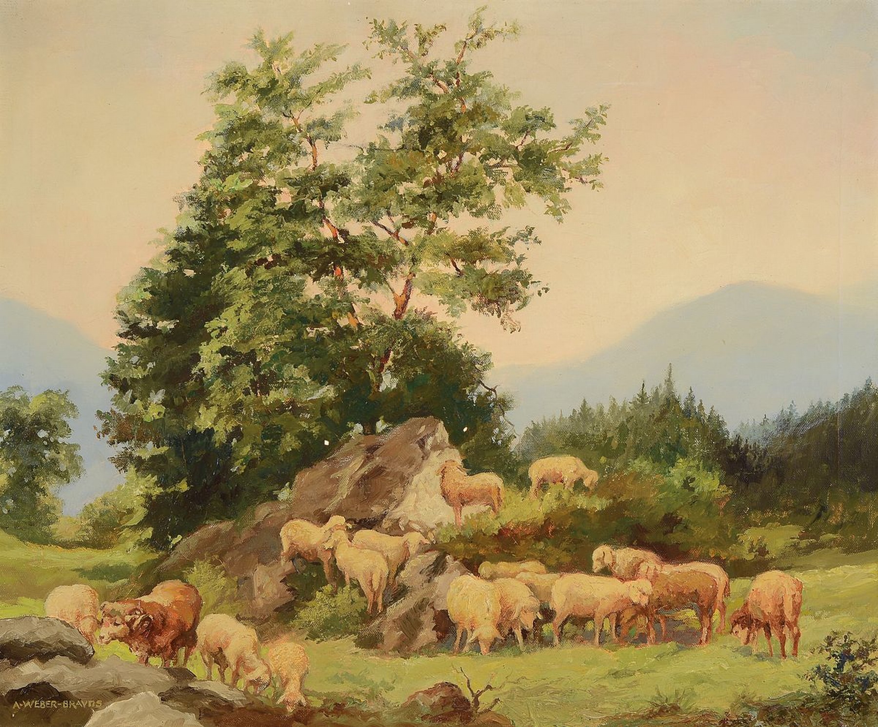 August Weber-Brauns, 1887 Hannover-1956 Frankfurt, Studium an der Akademie Düsseldorf, hier: Weidende Schafe, Öl/Lwd, links unten signiert, ca. ...