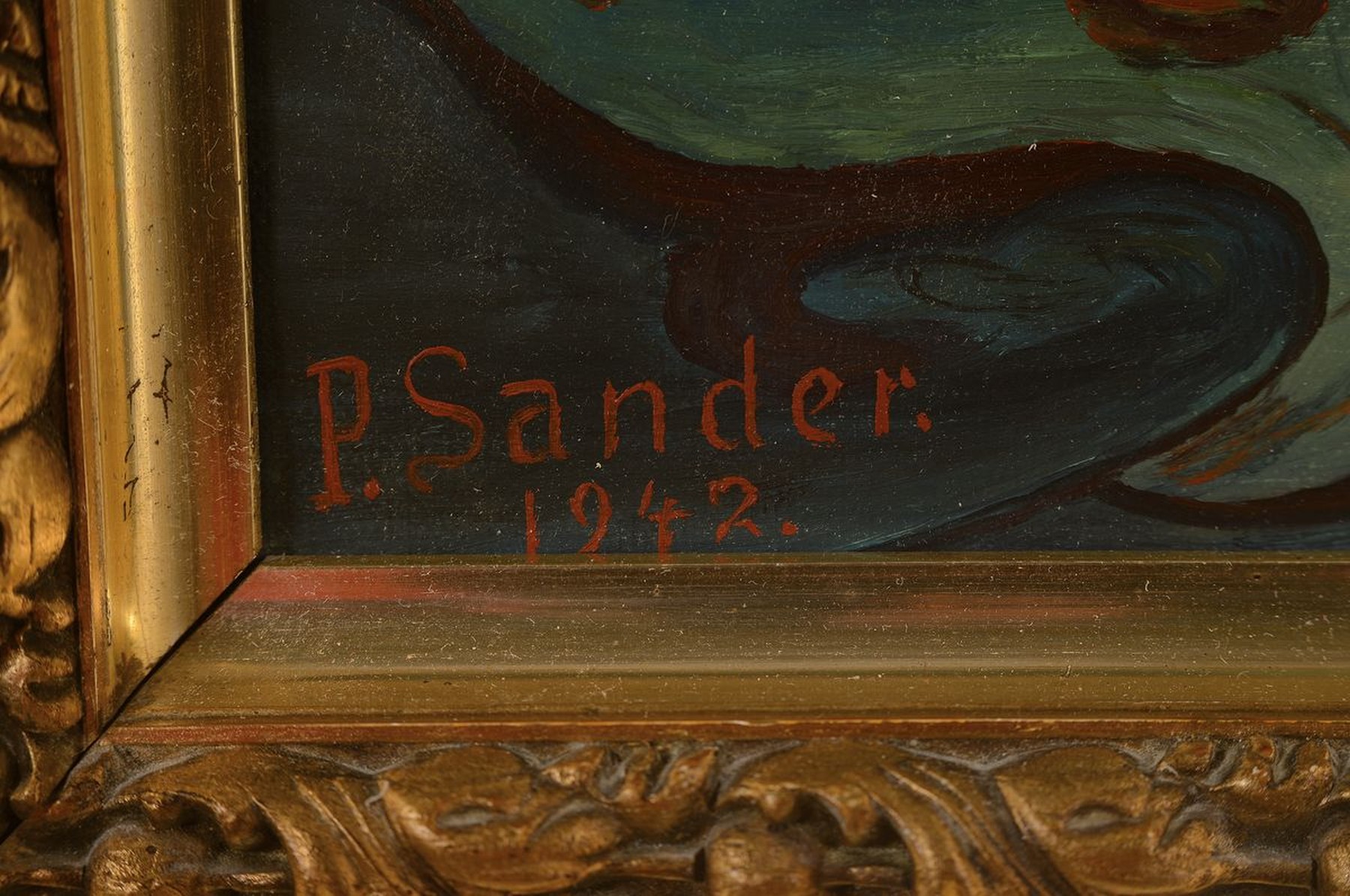 Detail a: Paul Sander, 1876-1942, Interieur mit junger Frau, die Bilder aus einer Mappe betrachtend, Öl/Lwd, links unten signiert und dat. 1942, ca. 53x64cm, ...