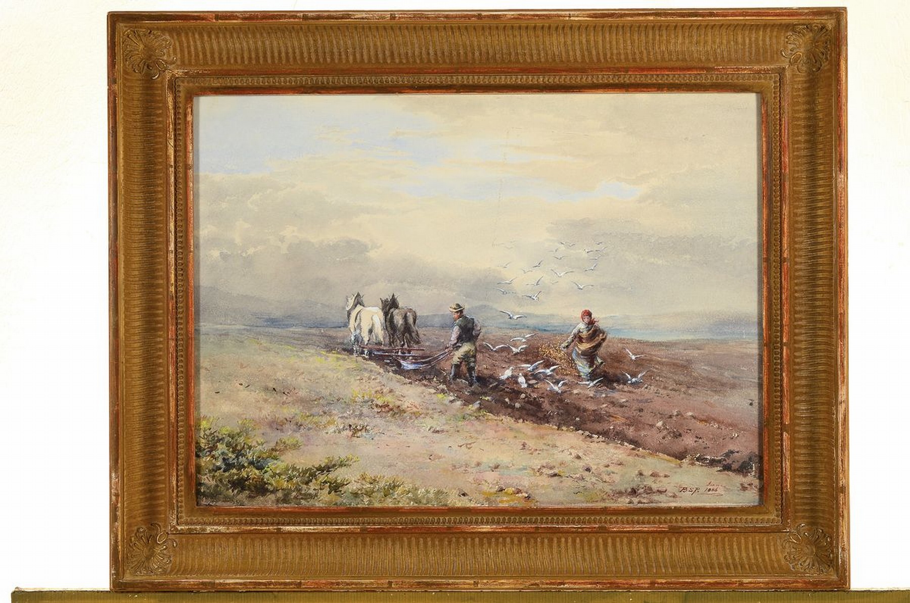Detail k: Monogrammist B.S.P., datiert 1886, Bauern beim Säen, Aquarell auf Papier, rechts unten monogr. und dat., ca. 35x 49cm, u.Gl., R. ca. 49x63cm