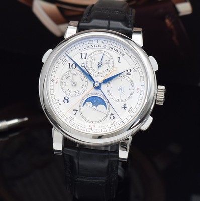 26242384a - A. LANGE & SÖHNE very fine and extreme rare, astronomical platinum gents wristwatch 1815 Rattrapante perpetual calendar, manual winding, reference 421.025FE, on both sides sapphire glazed, case back 6-times screwed, original leather strap with original platinum-deployant clasp, solid silver dial, display of hours, minutes, constant second, chronograph rattrapante, power reserve indicator, perpetual calendar with display of day, date, month, moon phase & leap year, correction at the sides in case inserted, very fine, rhodium plated movement, calibre L101.1, fausses cotes decoration, from Hand engraved bridges & vices, diameter approx. 41,9 mm, original box, papers & setting pin, sold in April 2016, condition 1-2, property of a collector