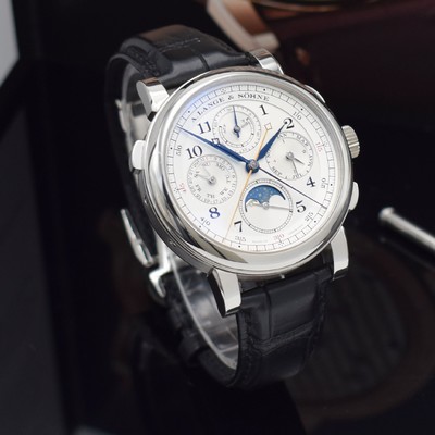 26242384d - A. LANGE & SÖHNE very fine and extreme rare, astronomical platinum gents wristwatch 1815 Rattrapante perpetual calendar, manual winding, reference 421.025FE, on both sides sapphire glazed, case back 6-times screwed, original leather strap with original platinum-deployant clasp, solid silver dial, display of hours, minutes, constant second, chronograph rattrapante, power reserve indicator, perpetual calendar with display of day, date, month, moon phase & leap year, correction at the sides in case inserted, very fine, rhodium plated movement, calibre L101.1, fausses cotes decoration, from Hand engraved bridges & vices, diameter approx. 41,9 mm, original box, papers & setting pin, sold in April 2016, condition 1-2, property of a collector