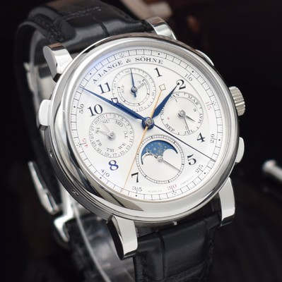 26242384e - A. LANGE & SÖHNE very fine and extreme rare, astronomical platinum gents wristwatch 1815 Rattrapante perpetual calendar, manual winding, reference 421.025FE, on both sides sapphire glazed, case back 6-times screwed, original leather strap with original platinum-deployant clasp, solid silver dial, display of hours, minutes, constant second, chronograph rattrapante, power reserve indicator, perpetual calendar with display of day, date, month, moon phase & leap year, correction at the sides in case inserted, very fine, rhodium plated movement, calibre L101.1, fausses cotes decoration, from Hand engraved bridges & vices, diameter approx. 41,9 mm, original box, papers & setting pin, sold in April 2016, condition 1-2, property of a collector