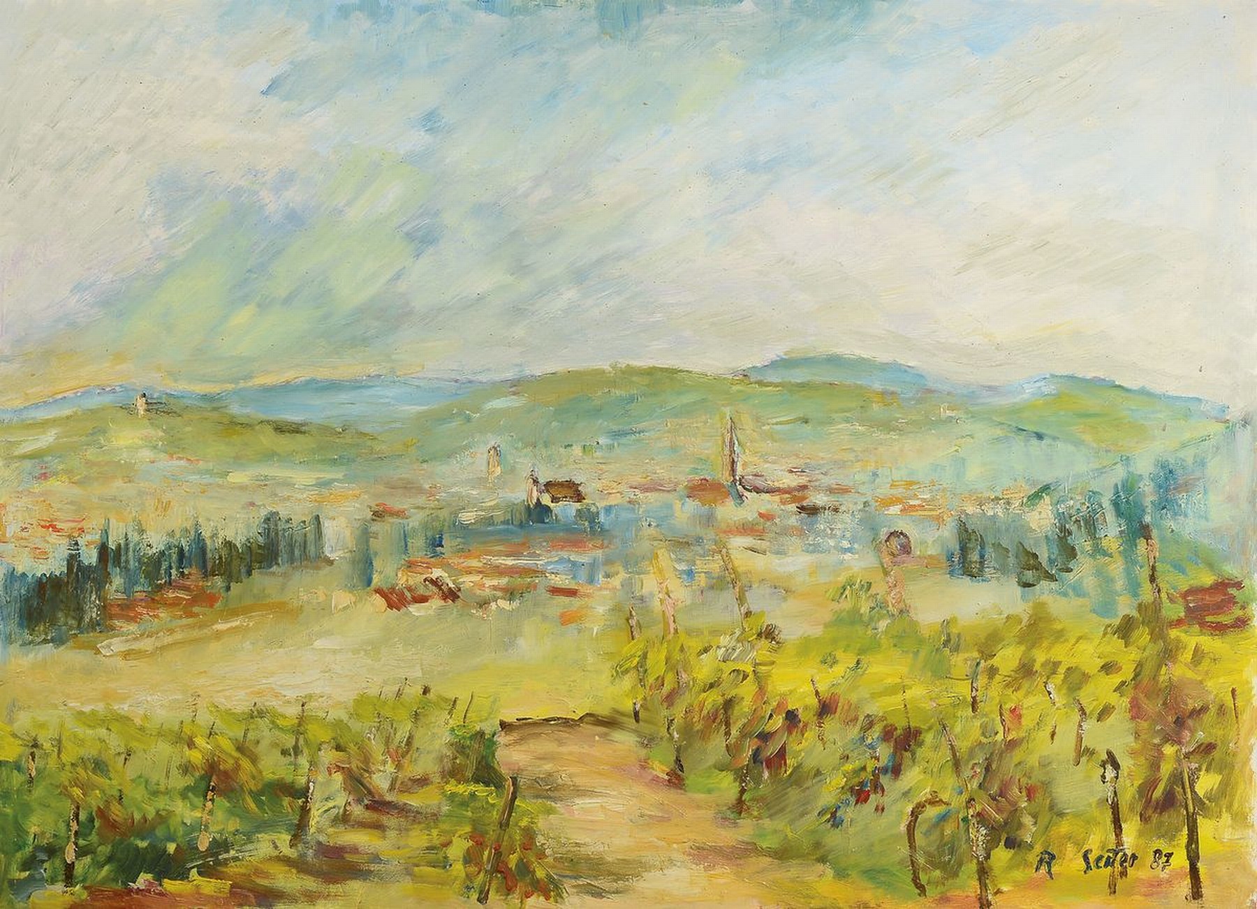 Robert Seiter, geb. 1912 Ludwigshafen, Blick in die Rheinebene, Öl/Malkarton, rechts unten signiert und dat. 87, ca. 58x79cm, R. ca. 66x88cm