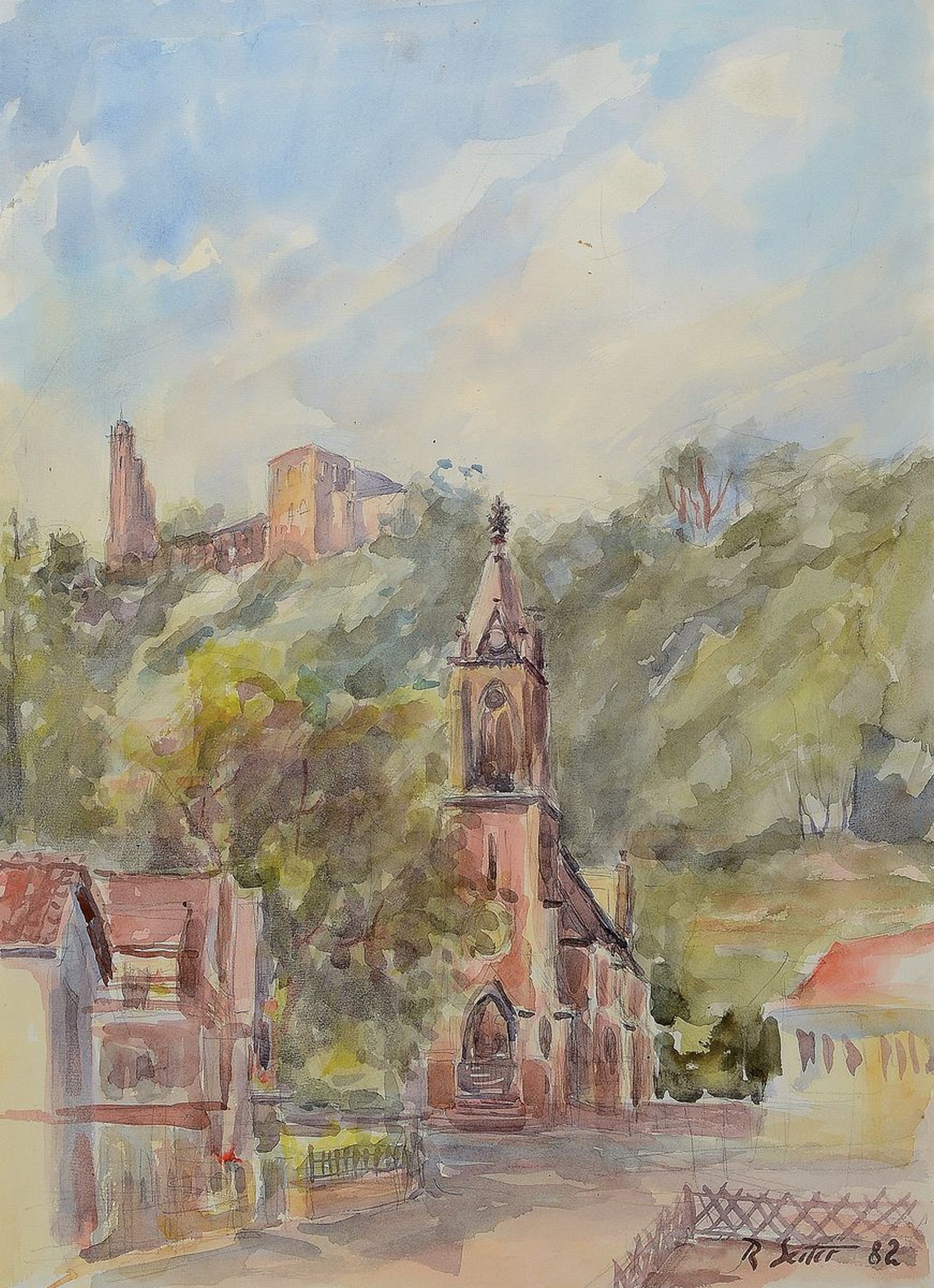 Robert Seiter, geb. 1912 Ludwigshafen, Blick auf die Kirche von Hausen und die Limburg; Aquarell auf Papier, rechts unten signiert und dat. 82, ca. ...