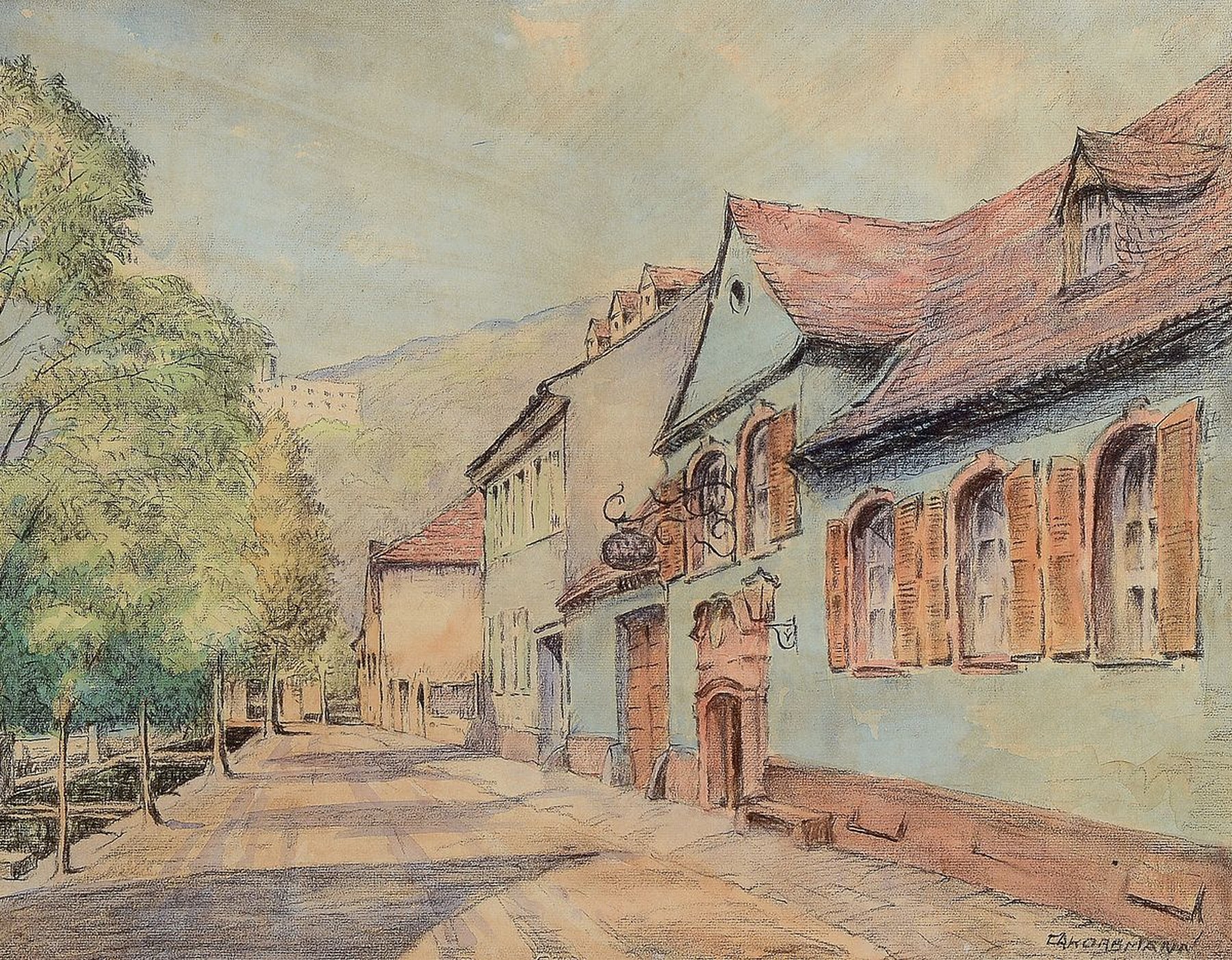 Carl Korbmann, 1894-1958 Bad Dürkheim, Ansicht aus Bad Dürkheim, Richtung Dürkheimer Tal mit der Limburg; Pastell auf Papier, rechts unten ...