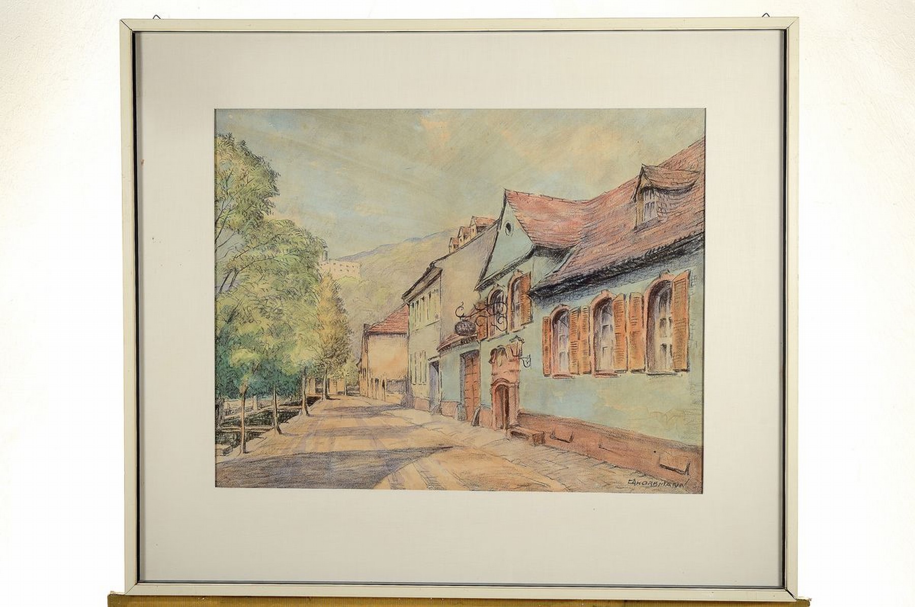 Detail k: Carl Korbmann, 1894-1958 Bad Dürkheim, Ansicht aus Bad Dürkheim, Richtung Dürkheimer Tal mit der Limburg; Pastell auf Papier, rechts unten ...