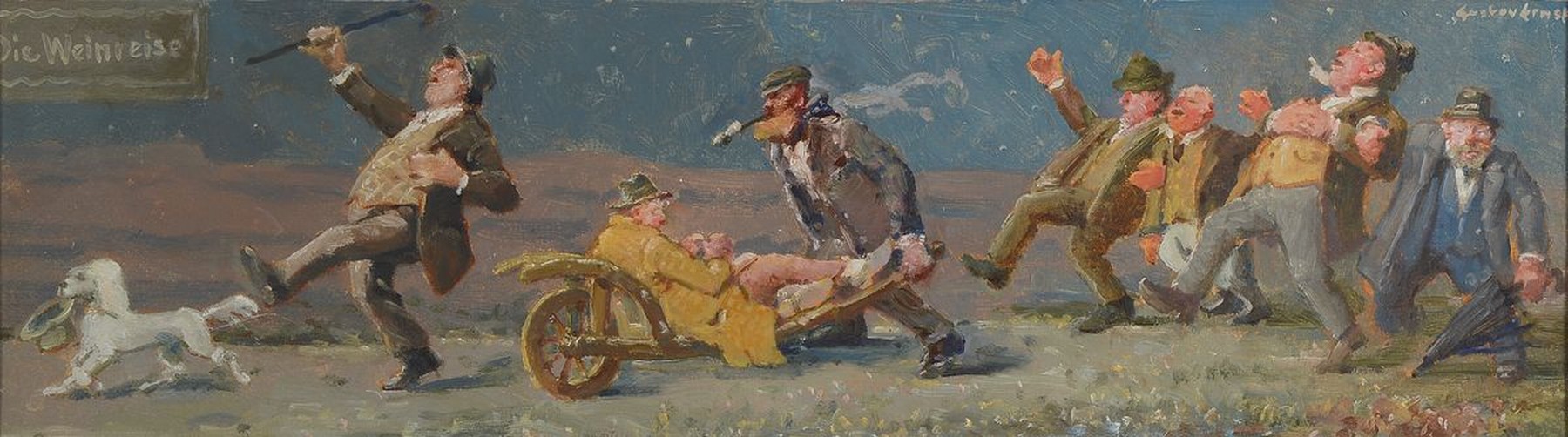 Gustav Ernst, 1858 Elsterberg-1945 Bad Dürkheim, "Weinreise", sieben singende fröhliche Männer, Öl/Malkarton, rechts oben signiert, ca. ...