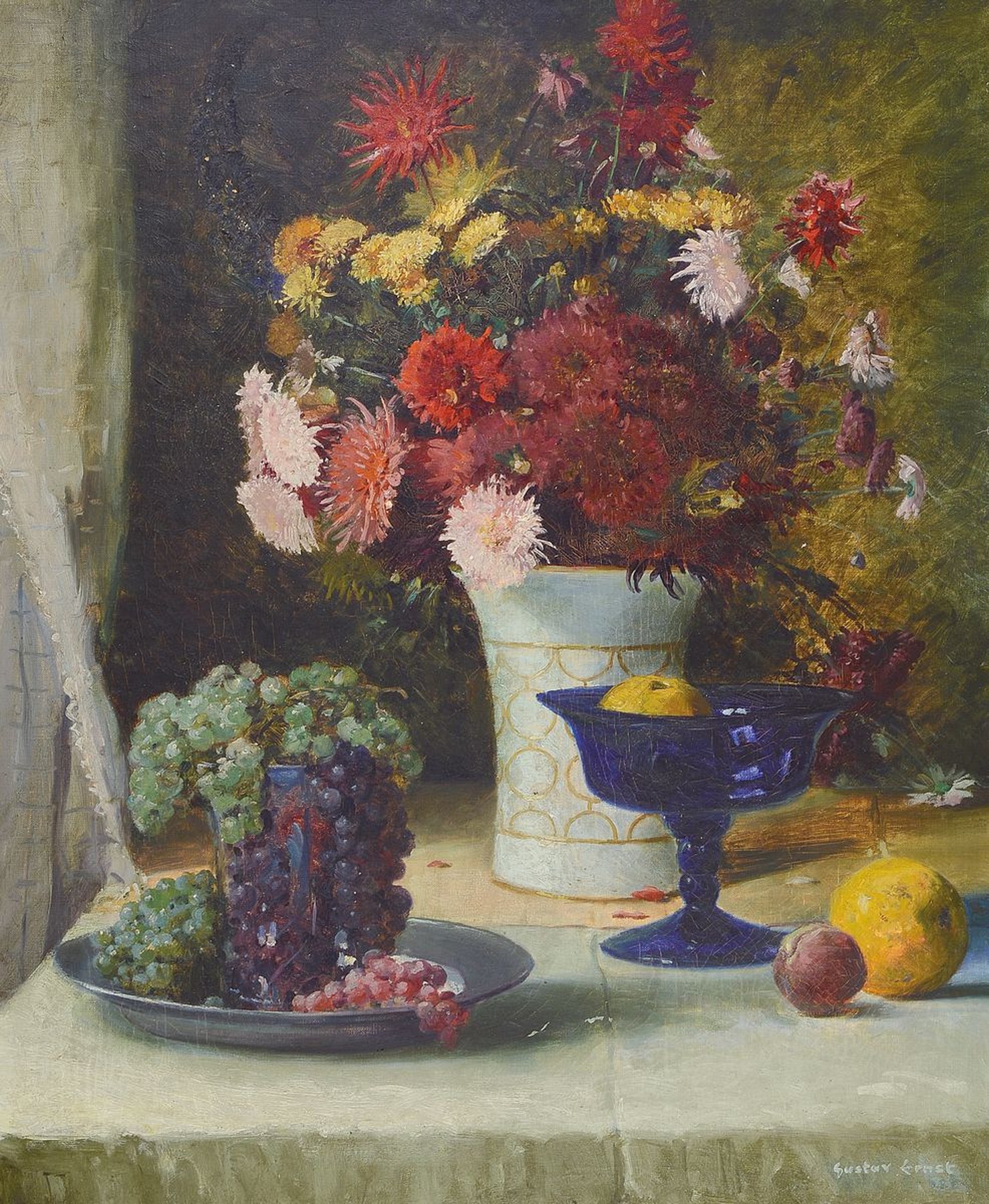 Gustav Ernst, 1858 Elsterberg-1945 Bad Dürkheim, Stillleben mit Blumen, Trauben und Obst, Öl/Lwd, rechts unten signiert, ca. 85x 70cm, R. ca. ...