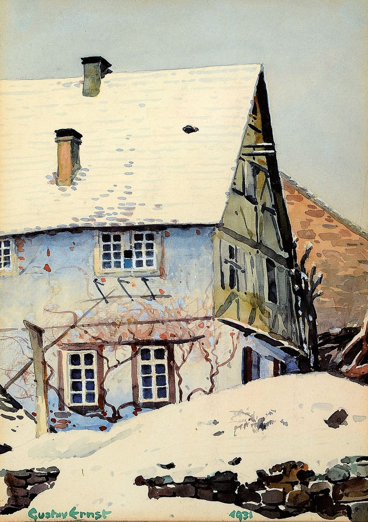 Gustav Ernst, 1858 Elsterberg-1945 Bad Dürkheim, Verschneites Fachwerkhaus im Winter, Gouache auf Papier, links unten signiert, dat. 1931, ca. ...