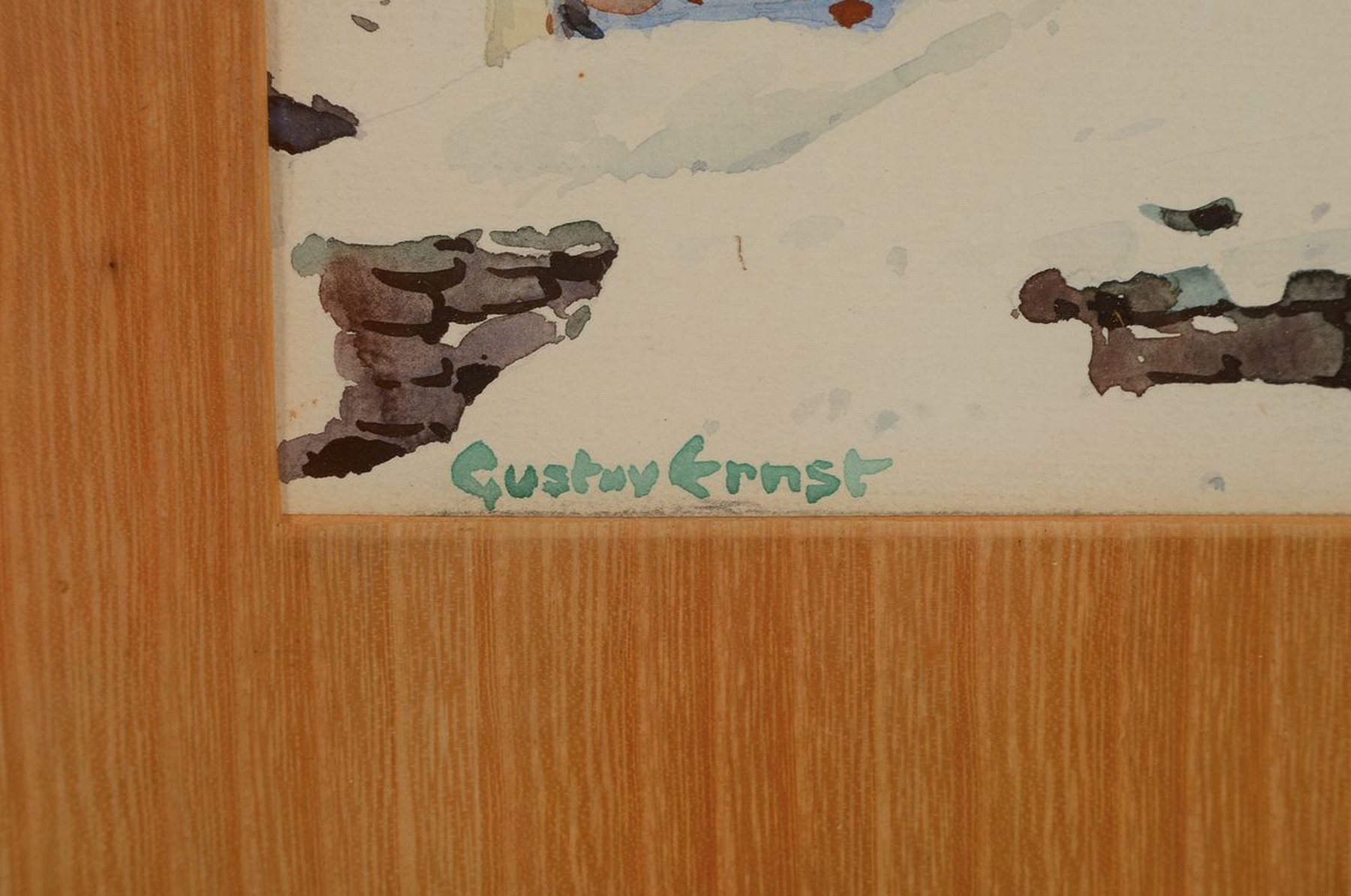 Detail a: Gustav Ernst, 1858 Elsterberg-1945 Bad Dürkheim, Verschneites Fachwerkhaus im Winter, Gouache auf Papier, links unten signiert, dat. 1931, ca. ...
