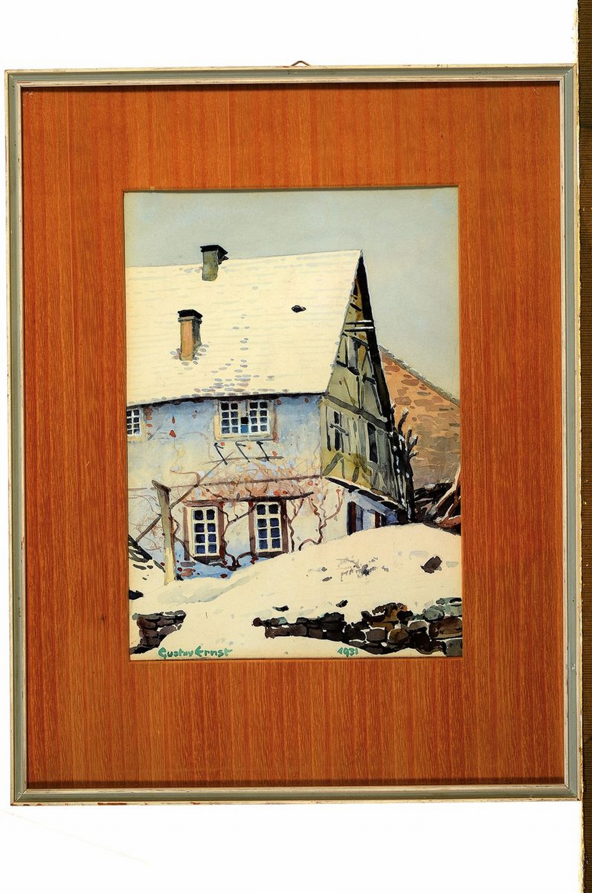 Detail k: Gustav Ernst, 1858 Elsterberg-1945 Bad Dürkheim, Verschneites Fachwerkhaus im Winter, Gouache auf Papier, links unten signiert, dat. 1931, ca. ...