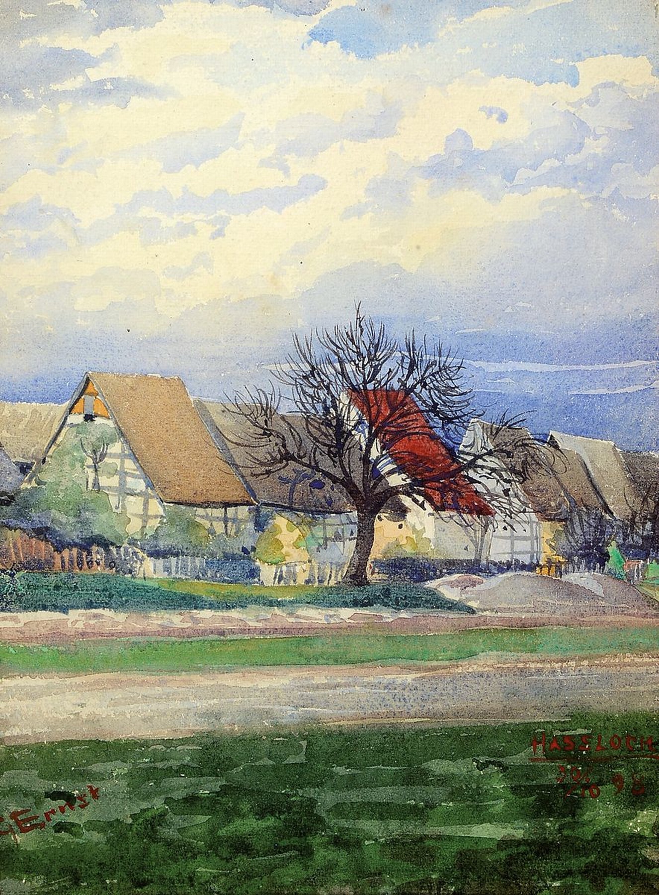 Gustav Ernst, 1858 Elsterberg-1945 Bad Dürkheim, Blick auf Hassloch, Aquarell auf Papier, links unten signiert, rechts unten datiert: Hassloch ...
