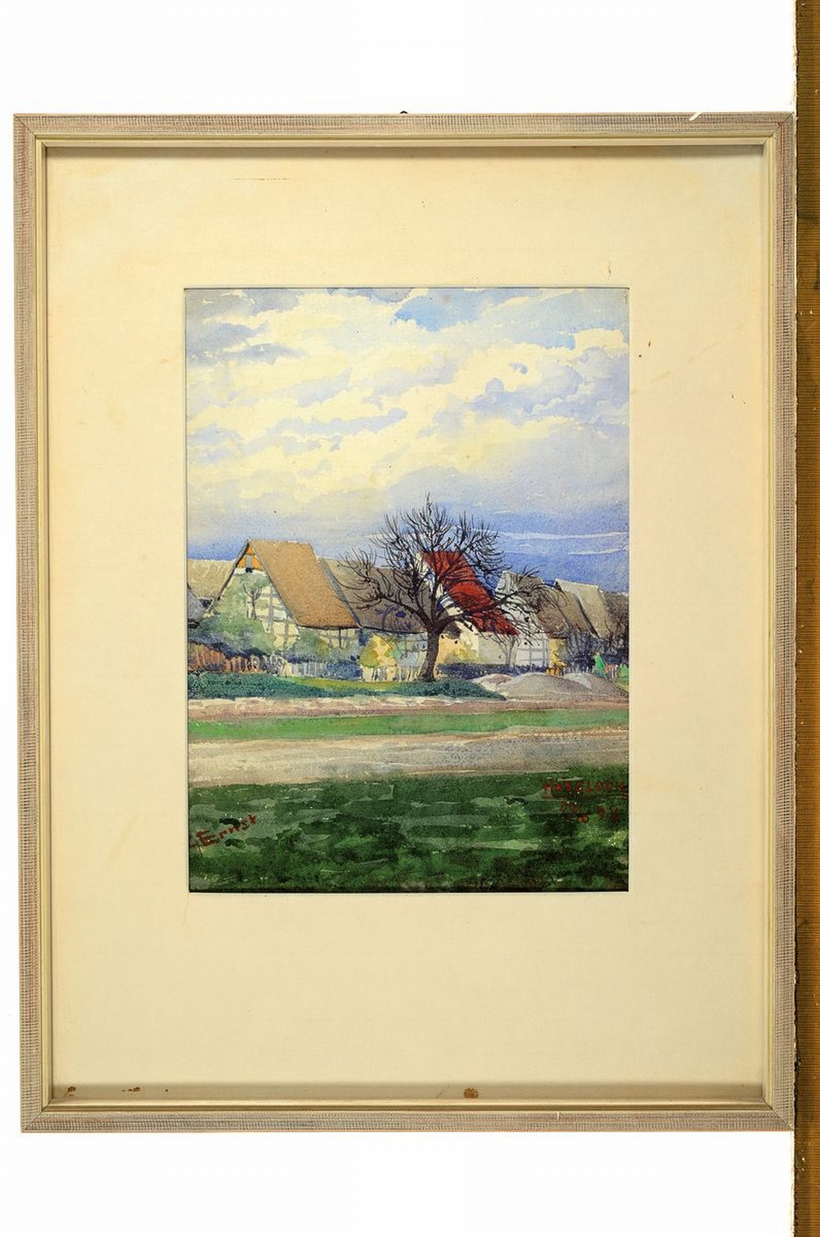 Detail k: Gustav Ernst, 1858 Elsterberg-1945 Bad Dürkheim, Blick auf Hassloch, Aquarell auf Papier, links unten signiert, rechts unten datiert: Hassloch ...