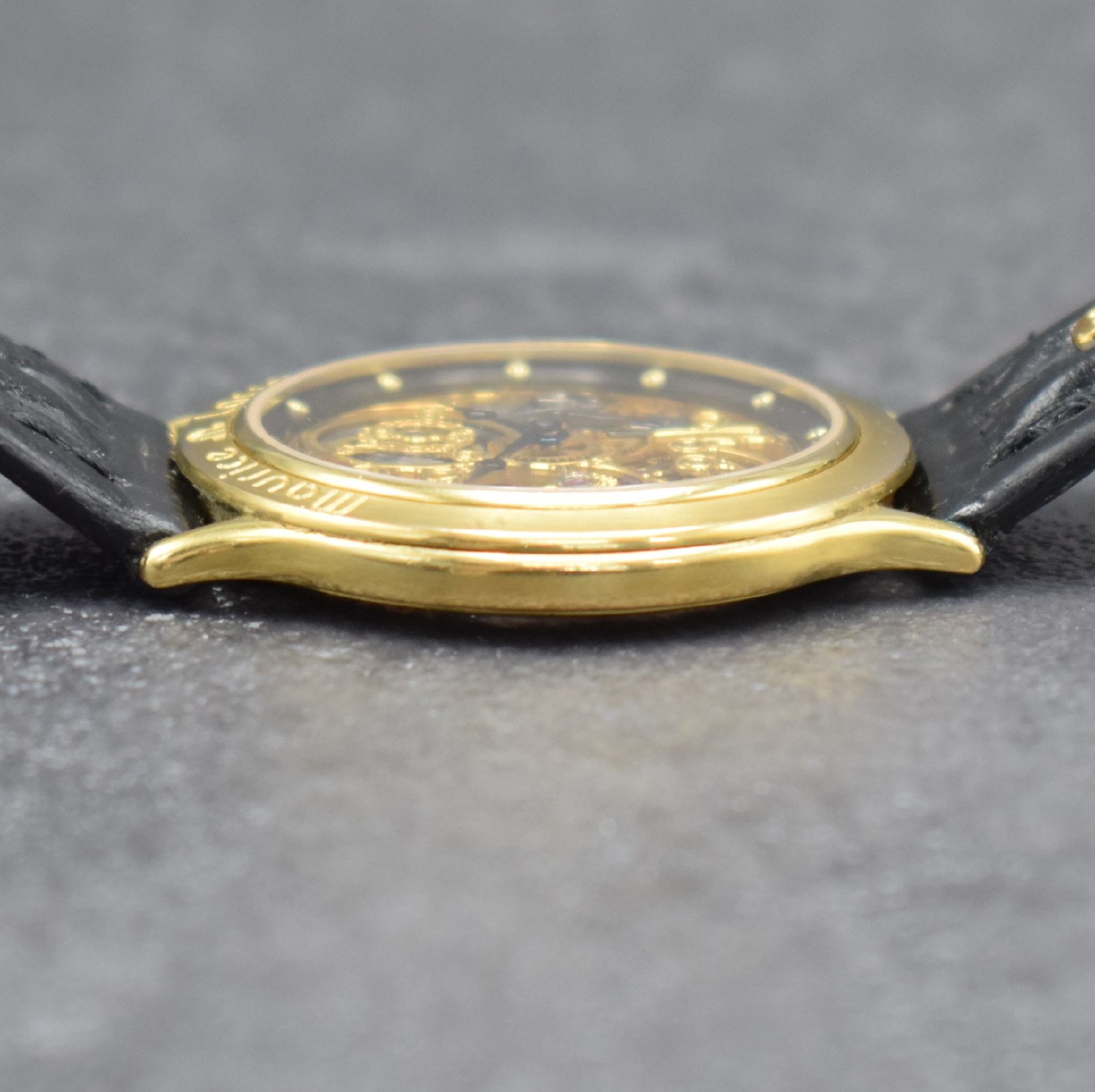 Detail f: MAURICE LACROIX skelettierte Armbanduhr, Schweiz verk. lt. Pap. 07/1988, Handaufzug, verg. Geh. beids. vergl., Boden aufgedr., orig. Lederband m. ...