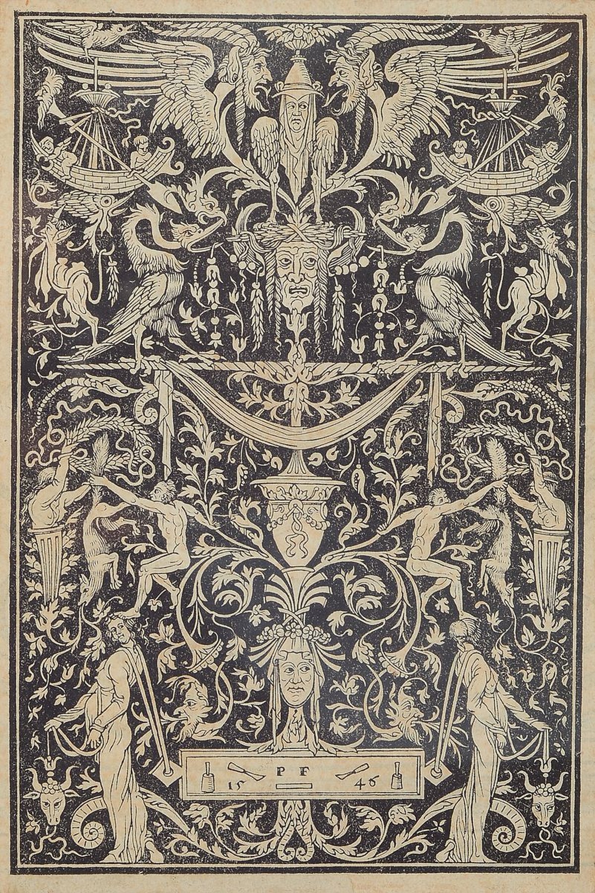 Peter Flattner Flätner, 1485-1546, Grotesken mit Füchsen 1546, Holzschnitt, kräftiger Druck, guter Zustand, ganzflächig aufgeklebt, ca. 18x12 cm, ...