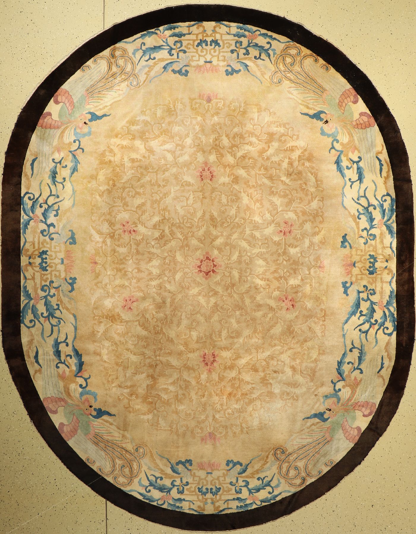 Ovaler Peking antik, China, um 1900, Wolle auf Baumwolle, ca. 356 x 276 cm, Mittlere Gebrauchsspuren