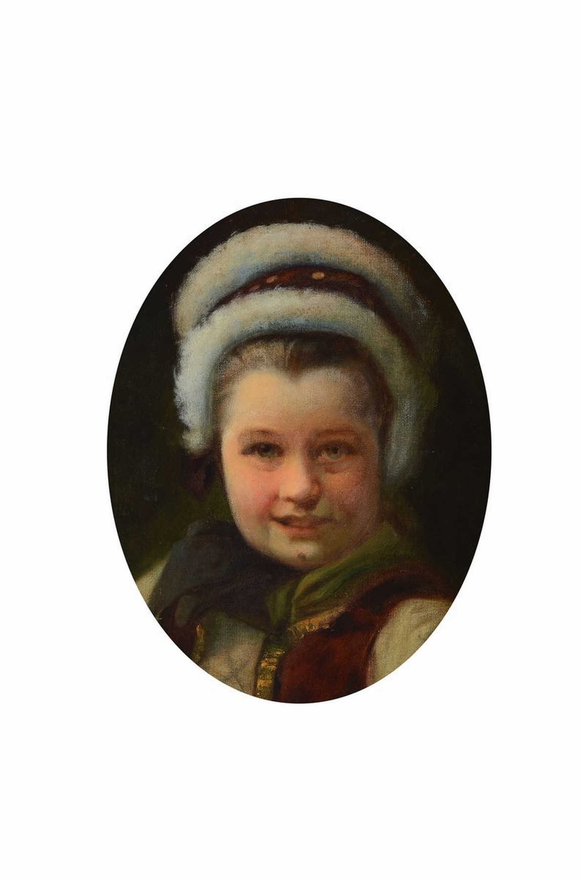 Unbekannter Maler, deutsch, um 1900-10, Porträt eines Mädchens mit Pelzmütze, Öl/Lwd, ovaler Bildausschnitt ca. 45x34cm, R. ca. 58x48cm