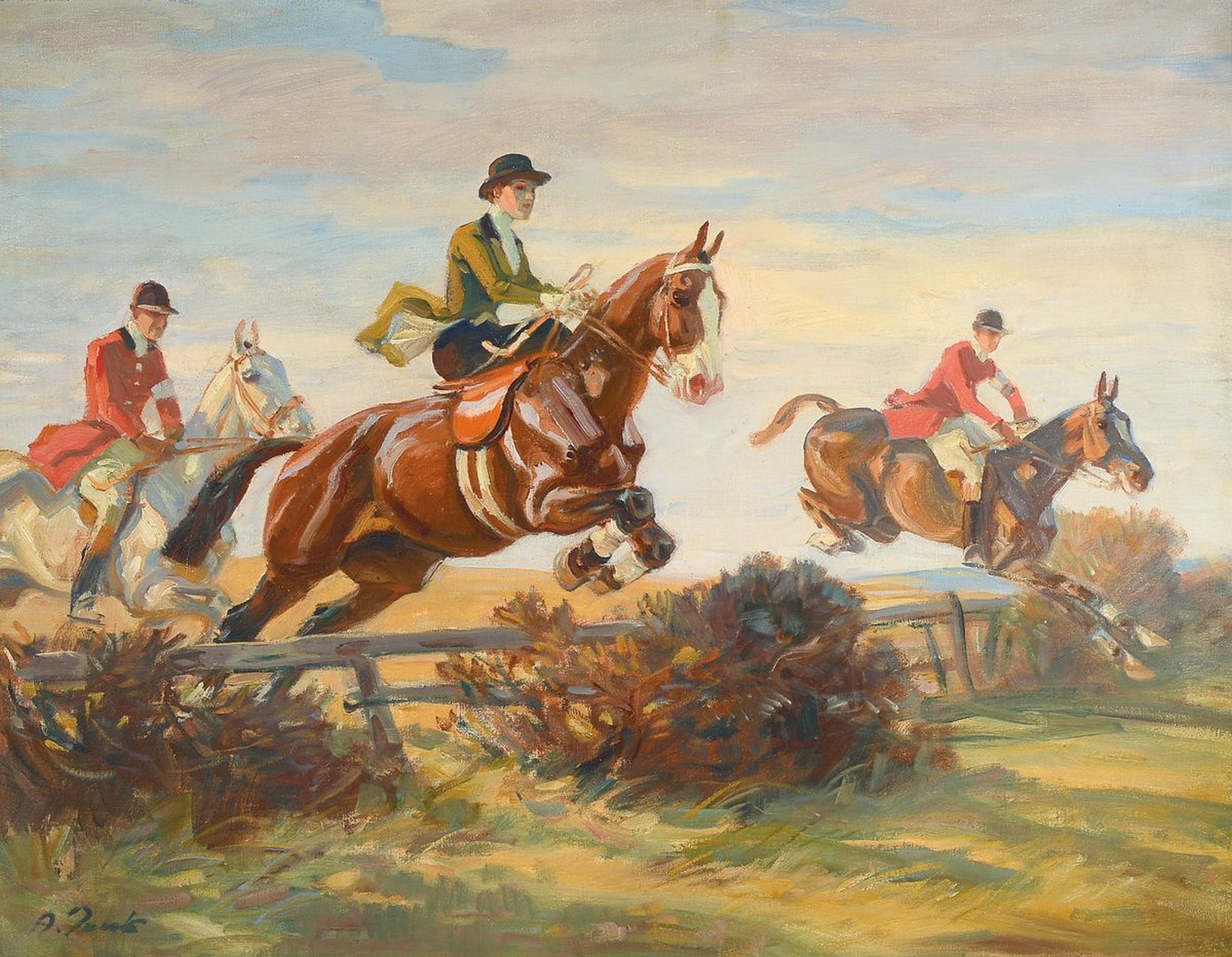 Angelo Jank, 1868-1940 München, Pferderennen mit Hindernissen, Öl/Lwd, links unten signiert, ca. 70x90cm, R. ca. 85x105cm