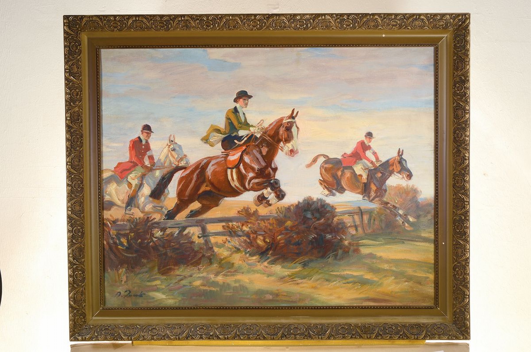 Detail k: Angelo Jank, 1868-1940 München, Pferderennen mit Hindernissen, Öl/Lwd, links unten signiert, ca. 70x90cm, R. ca. 85x105cm
