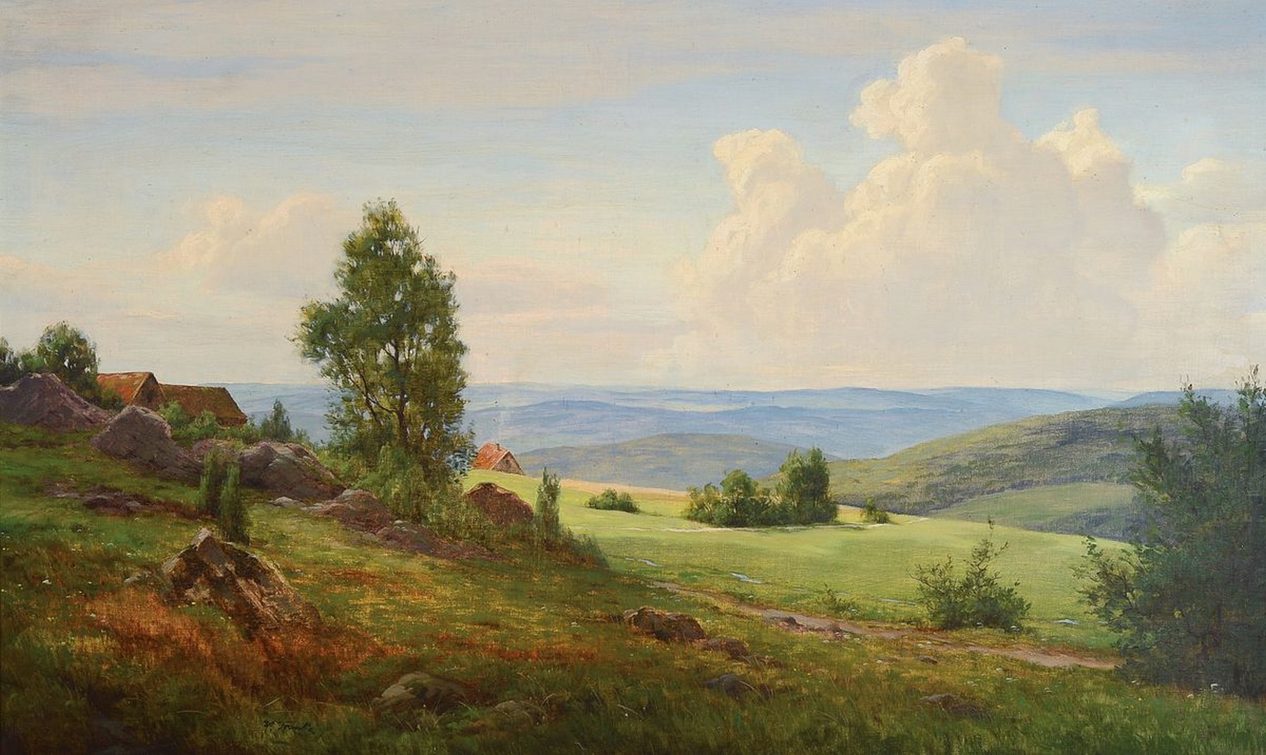 Hanny Franke, 1890 Koblenz-1973 Frankfurt, Blick in eine sommerliche Taunuslandschaft, Öl/Lwd, links unten signiert, ca. 59x95cm, breiter ...