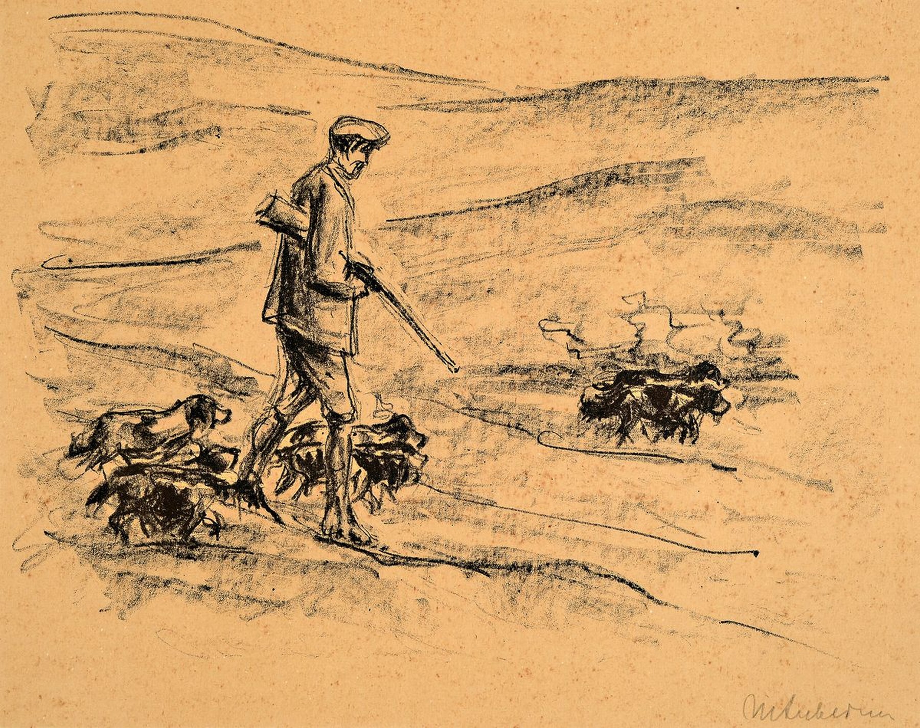 Max Liebermann, 1847-1935, Jäger mit Hundemeute, Lithographie, handsigniert, gebräunt, ca. 23x30ccm