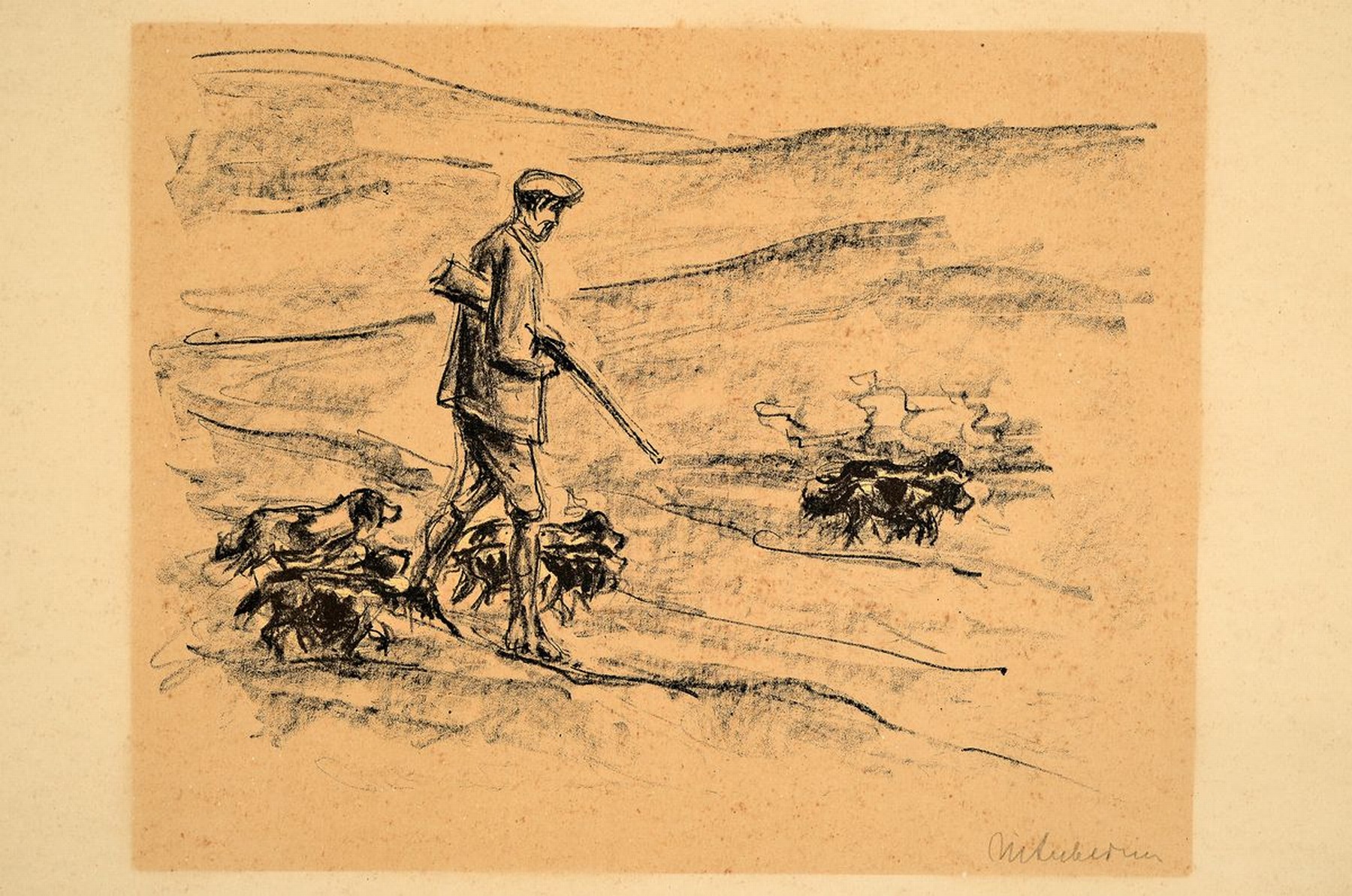 Detail k: Max Liebermann, 1847-1935, Jäger mit Hundemeute, Lithographie, handsigniert, gebräunt, ca. 23x30ccm