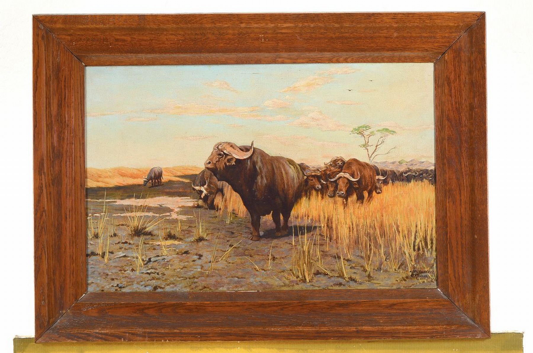 Detail k: Kopie nach Wilhelm Kuhnert, (1865-1926) von O.Klemm, Afrikanische Büffel, Öl/Lwd, links unten signiert: n. W. Kuhnert O.Klemm, ca. 35x55cm, R. ca. ...