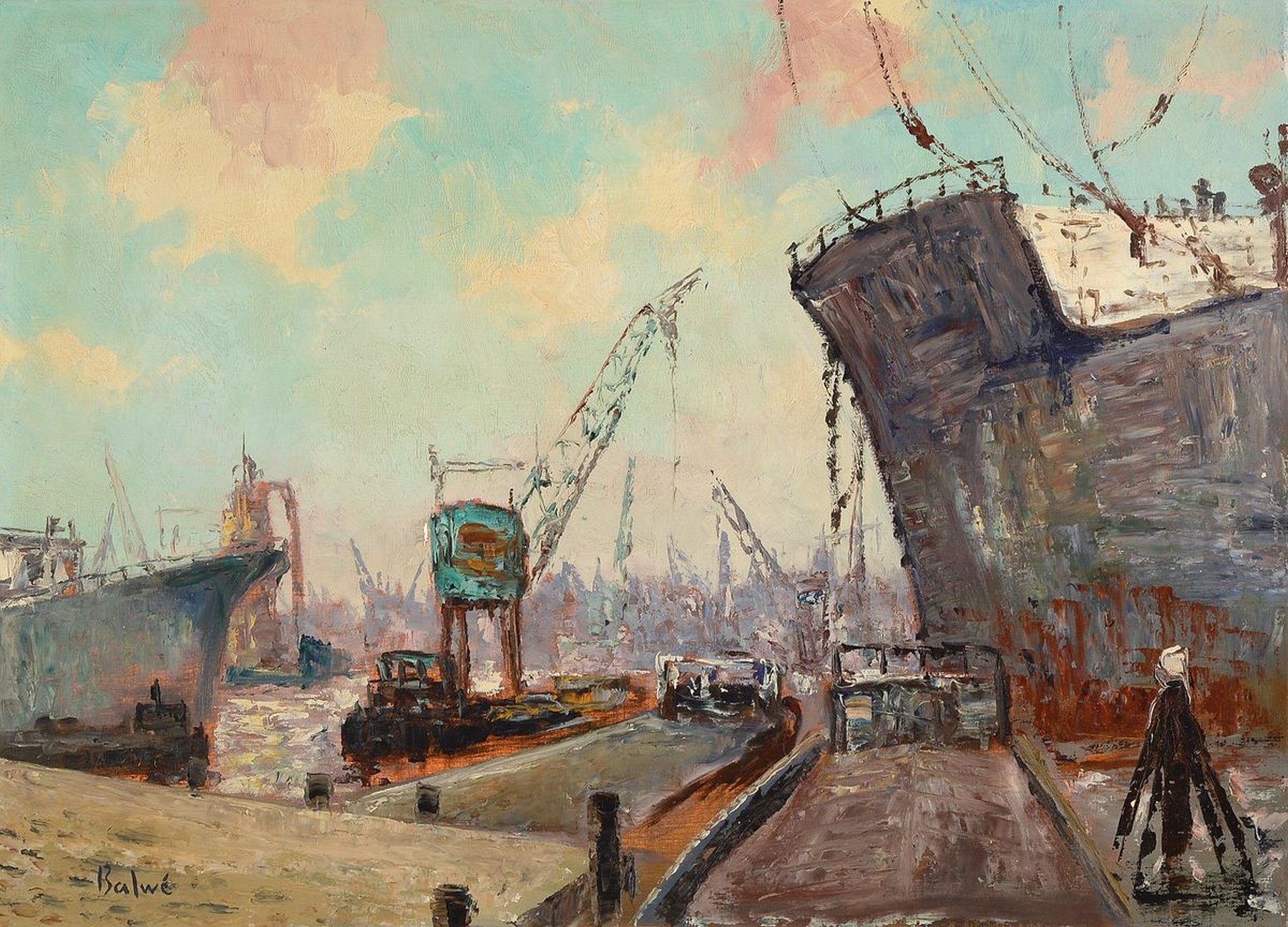 Arnold Balwé, 1898 Dresden-1983 Feldwies am Chiemsee, Studium an den Akademien Antwerpen und München, hier: Hafenszene, wohl Antwerpen, 1920er ...