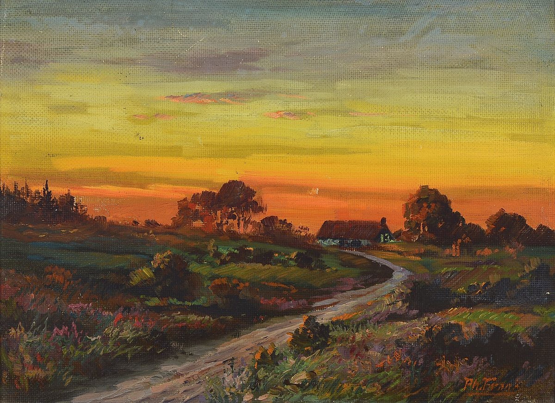 Philipp Frank, 1871 Godramstein-1944 Queichheim, Sonnenuntergang über einem Bauernhaus in weiter Landschaft, Öl/Malkarton, rechts unten signiert, ...