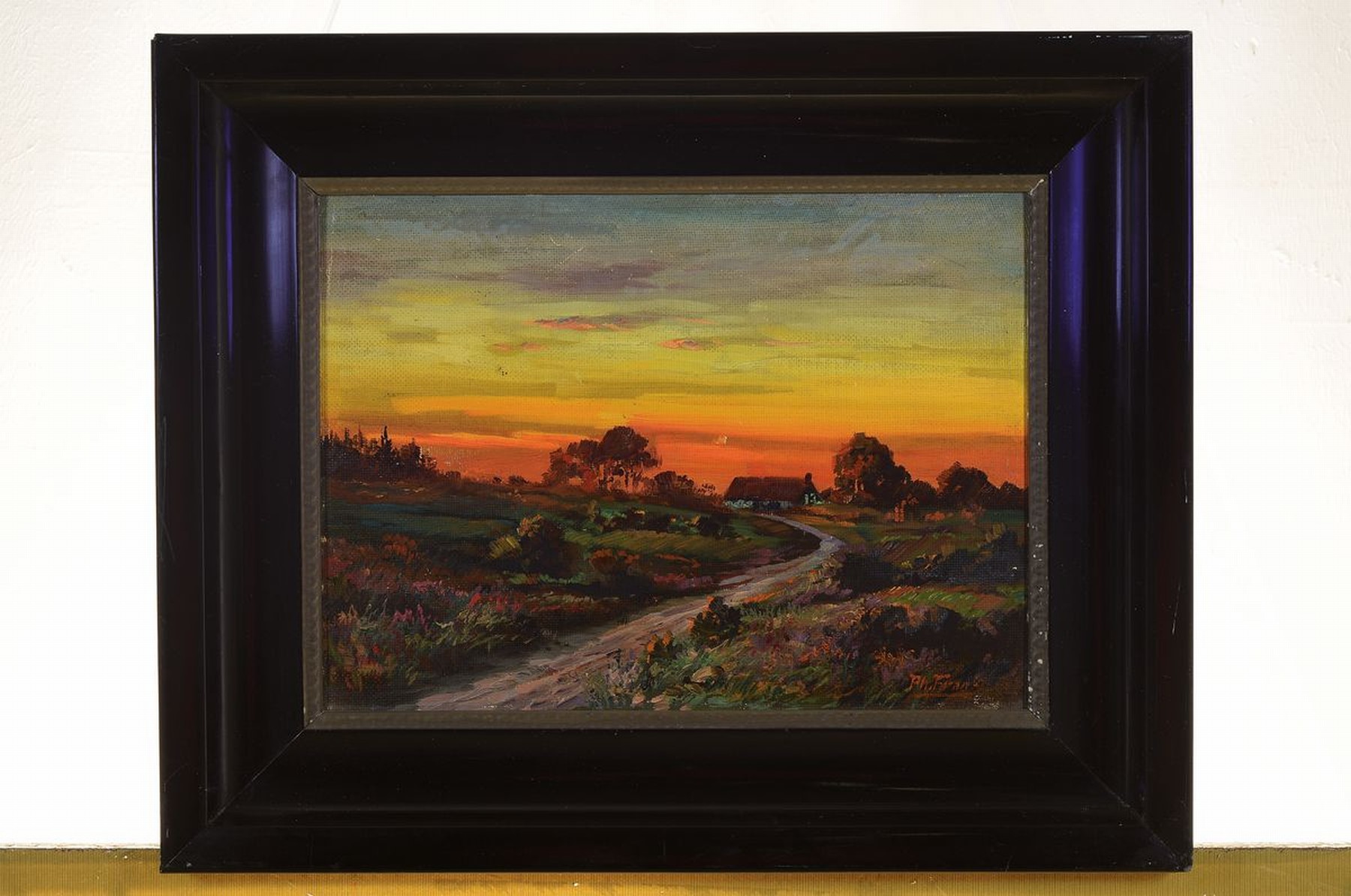 Detail k: Philipp Frank, 1871 Godramstein-1944 Queichheim, Sonnenuntergang über einem Bauernhaus in weiter Landschaft, Öl/Malkarton, rechts unten signiert, ...