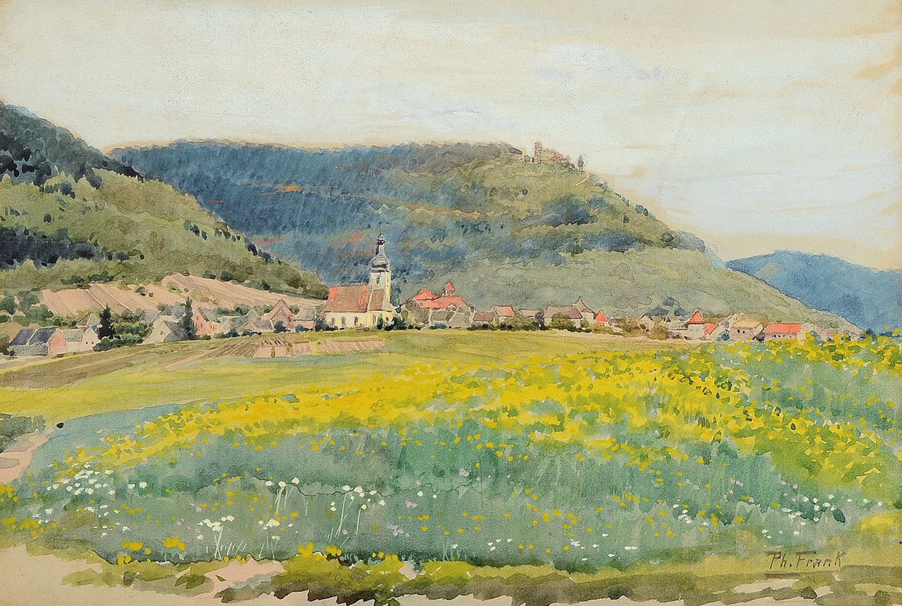 Philipp Frank, 1871 Godramstein-1944 Queichheim, Blick auf ein Dorf und eine Burg in der Pfalz, Aquarell auf Papier, rechts unten signiert, ca. ...
