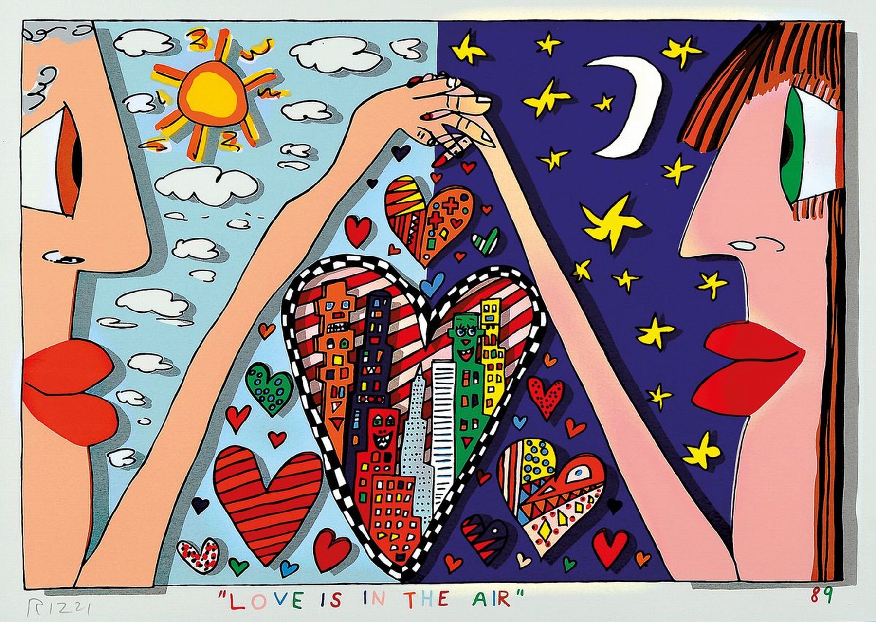 James Rizzi, 1950-2011, Love is in the air, Farbsiebdruck von 1989, handsigniert, ca. 26x39cm, PP, u.Gl., R. ca. 46x56cm