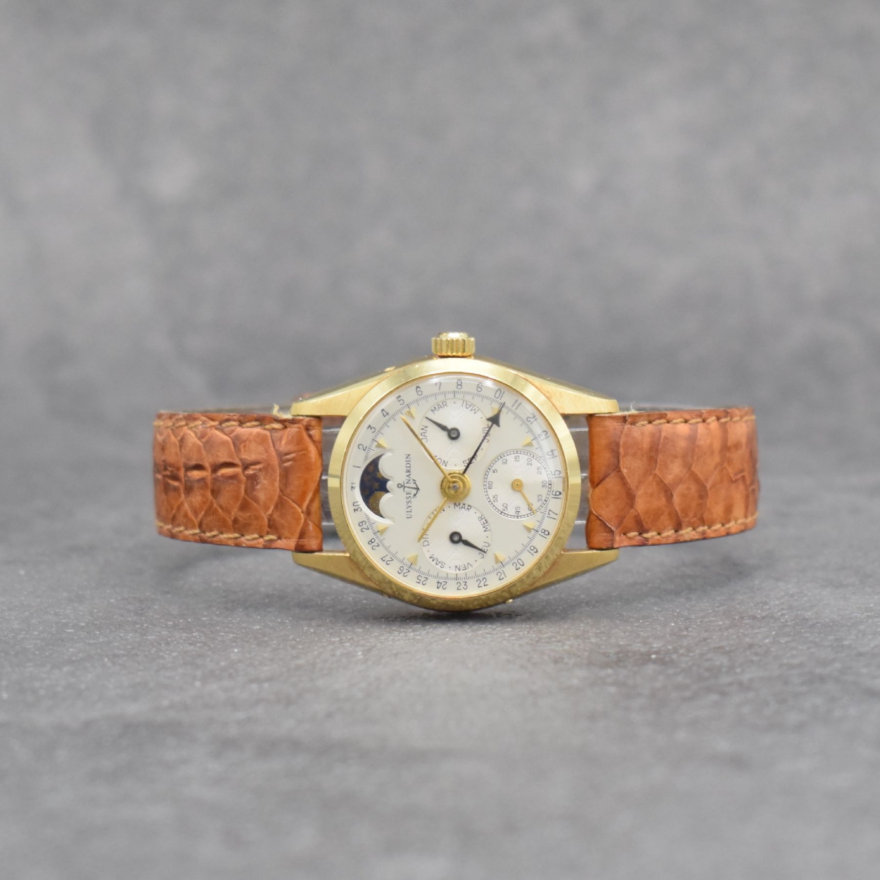 ULYSSE NARDIN Damenarmbanduhr mit Vollkalender in GG 750/000, Schweiz um 1980, Handaufzug, Ref. 311 51, 3-teil. Geh., Boden & Glasrand aufgedr., ...