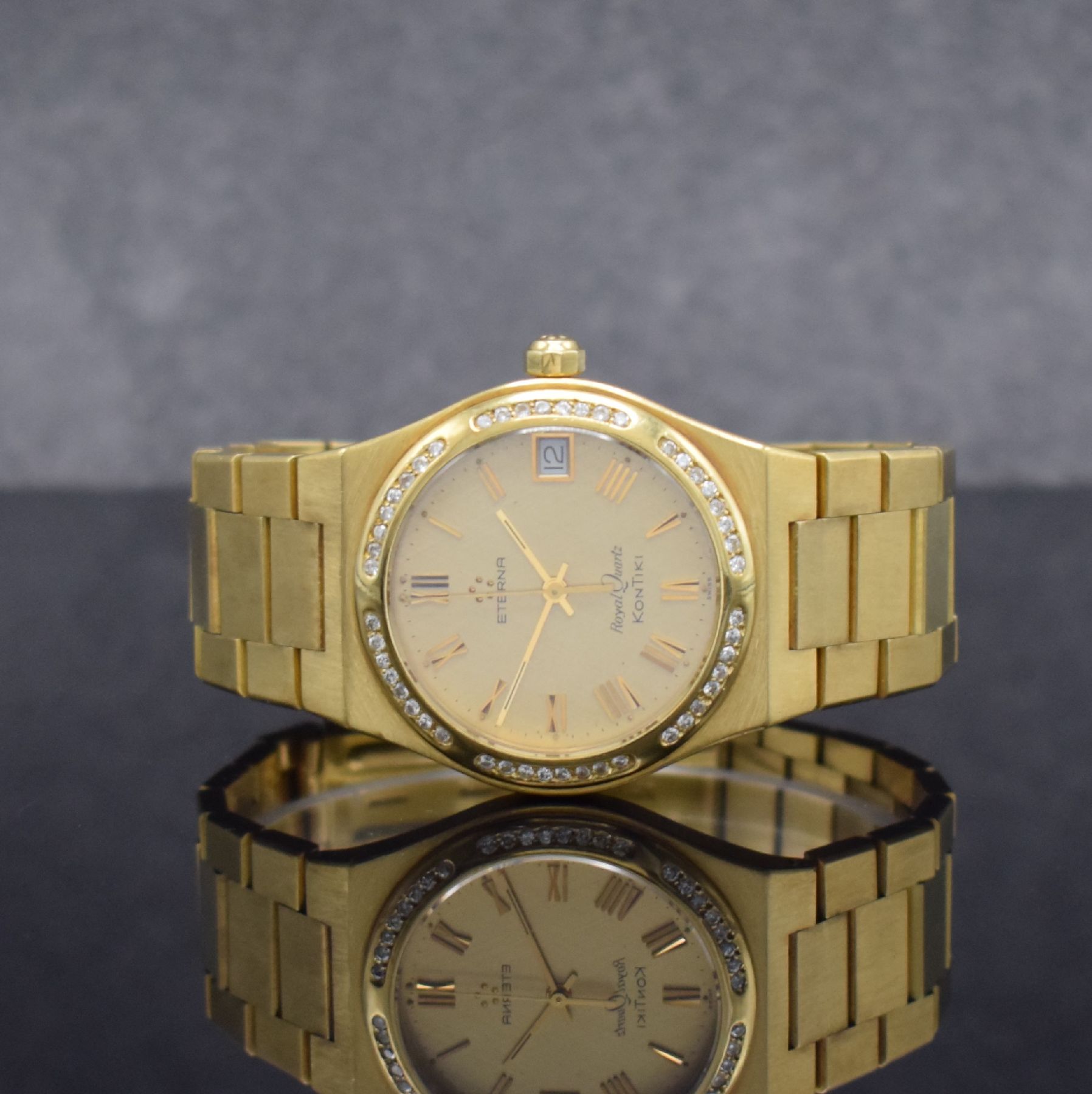 ETERNA Kontiki Royal Quartz Herrenarmbanduhr in GG 750/000, Schweiz um 1985, quarz, massives Geh., Boden aufgedr., Gliederband in GG 750/000 m. ...