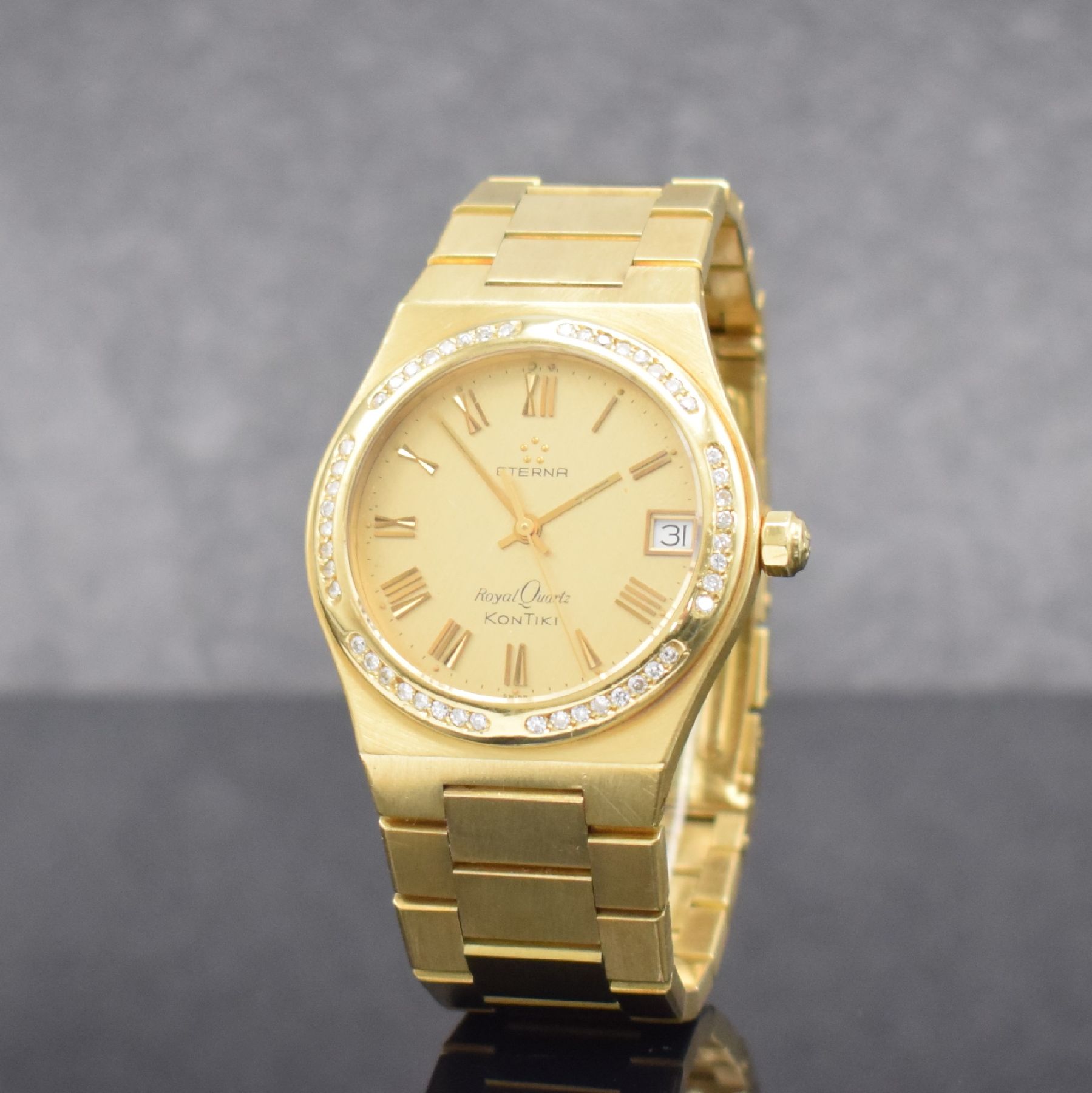 Detail b: ETERNA Kontiki Royal Quartz Herrenarmbanduhr in GG 750/000, Schweiz um 1985, quarz, massives Geh., Boden aufgedr., Gliederband in GG 750/000 m. ...