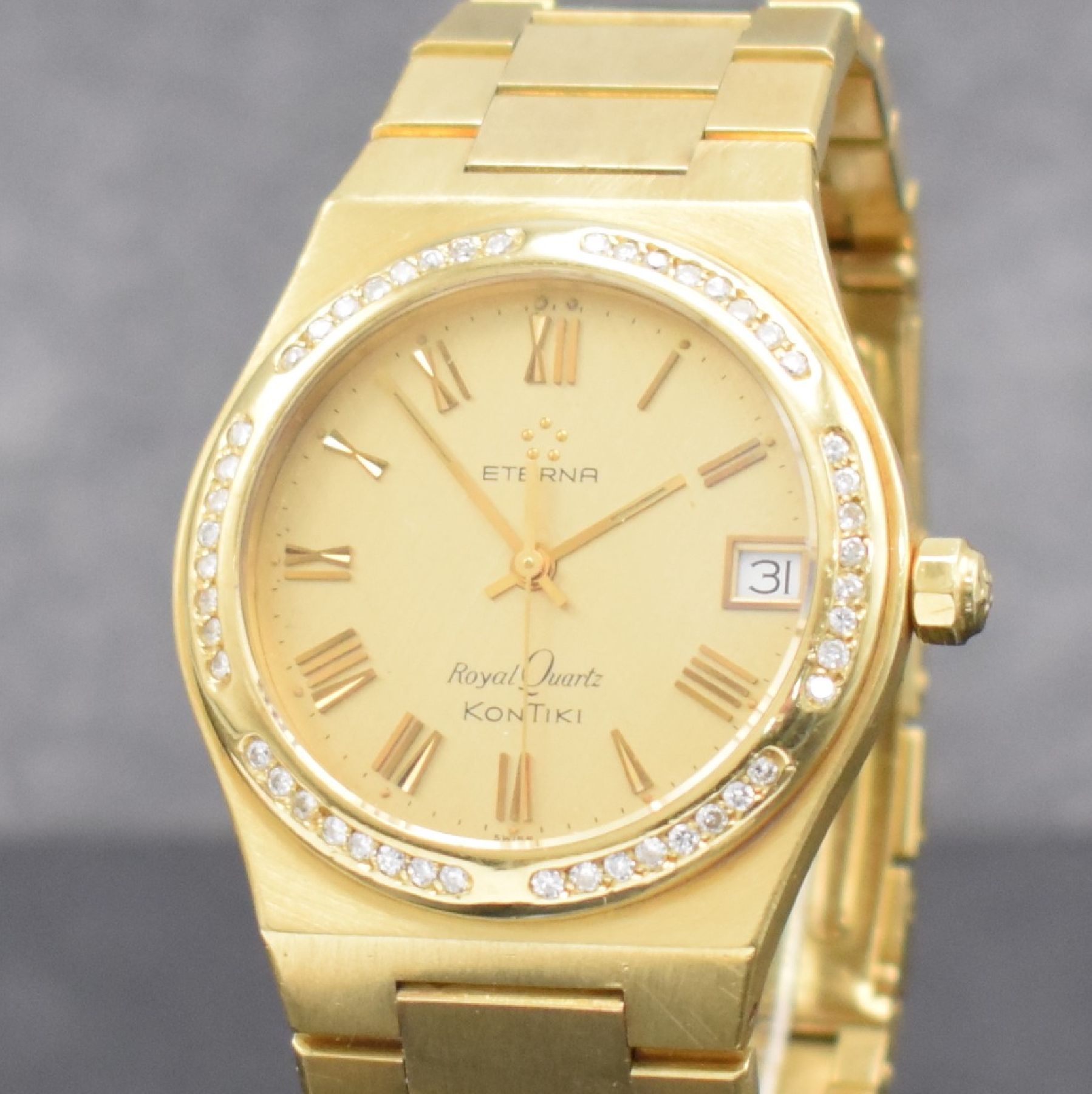 Detail c: ETERNA Kontiki Royal Quartz Herrenarmbanduhr in GG 750/000, Schweiz um 1985, quarz, massives Geh., Boden aufgedr., Gliederband in GG 750/000 m. ...