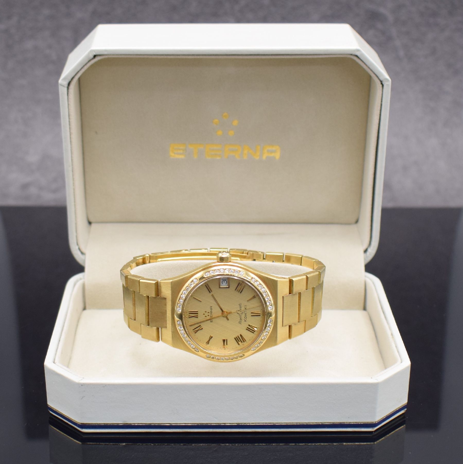 Detail h: ETERNA Kontiki Royal Quartz Herrenarmbanduhr in GG 750/000, Schweiz um 1985, quarz, massives Geh., Boden aufgedr., Gliederband in GG 750/000 m. ...