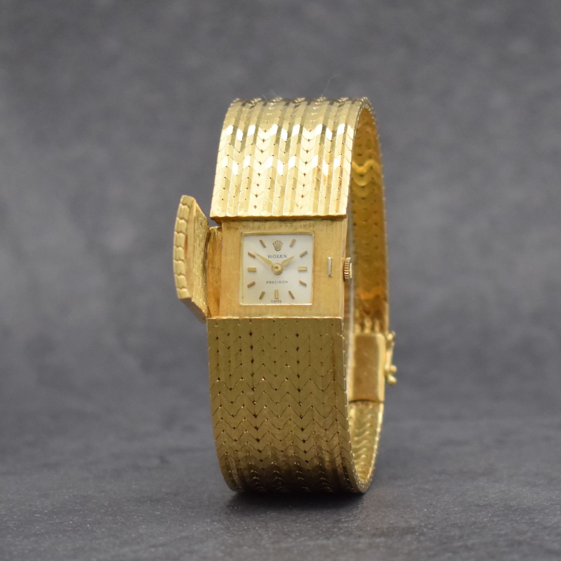 Detail c: ROLEX seltene Damenarmbanduhr in Bandform, Schweiz um 1960, Handaufzug, GG 750/000, v. Gehäuse ins Band übergehendes Design m. aufklappbarem ...