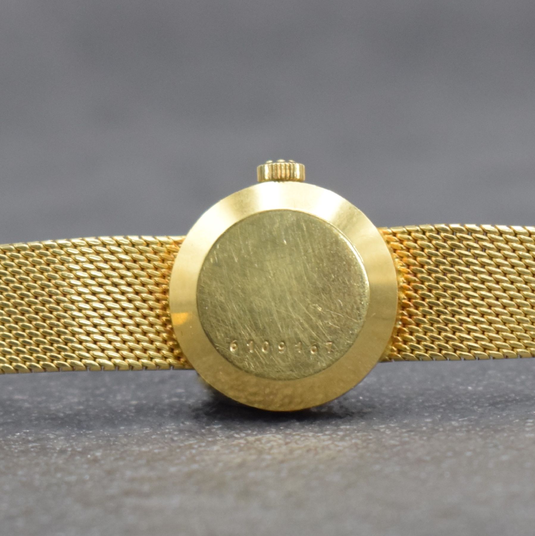 Detail g: ETERNA Sahida Damenarmbanduhr in GG 750/000, Schweiz um 1965, Automatik, gedr. Geh. am orig. Milanaiseband, orig. Krone & Glas, gold. Zifferbl., ...