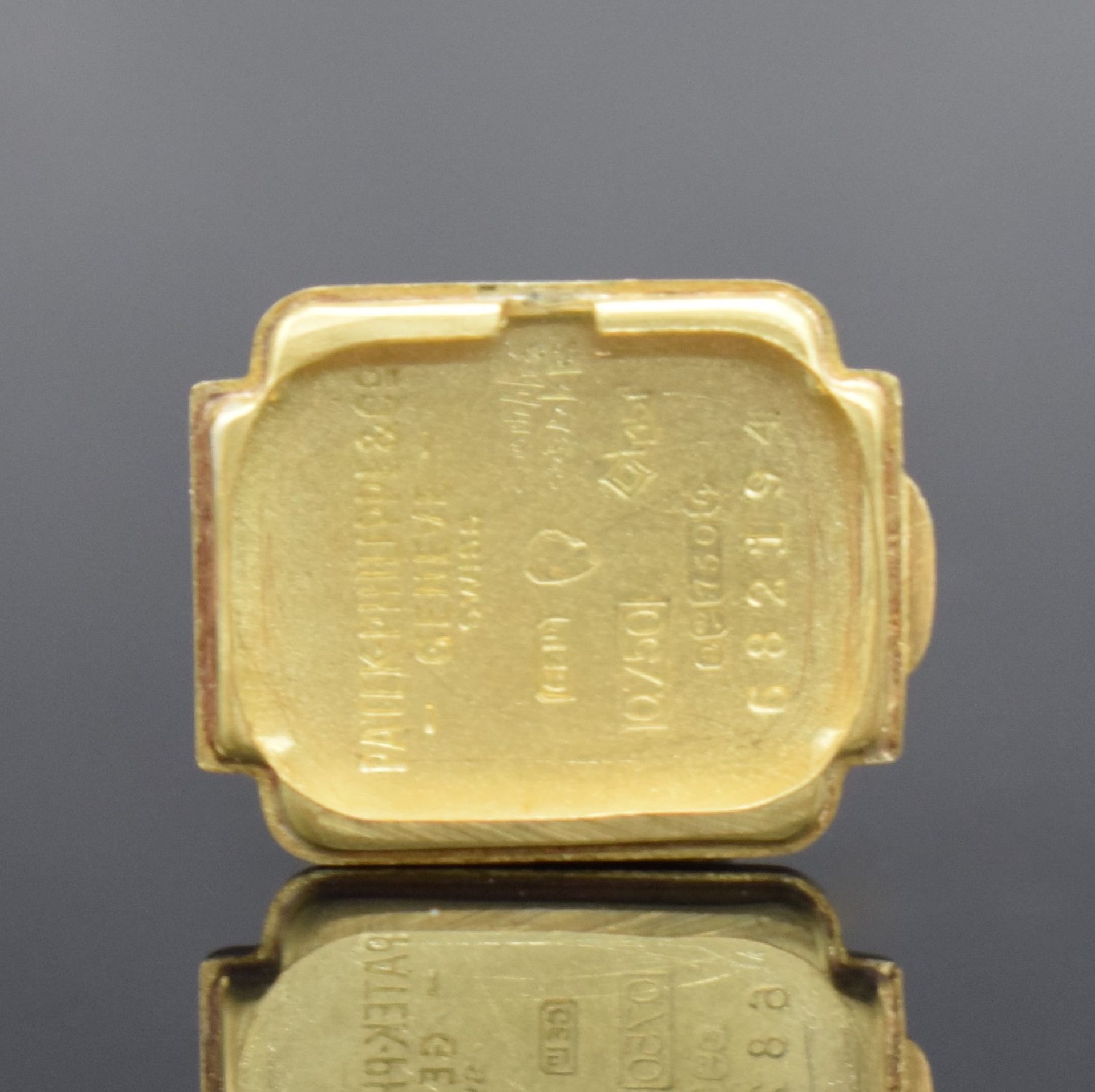 Detail h: PATEK PHILIPPE feine Damenarmbanduhr in GG 750/000, Schweiz um 1950, Handaufzug, gedr. quadratisches Geh., anges. PPC & Gay Freres sign. Band, silb. ...