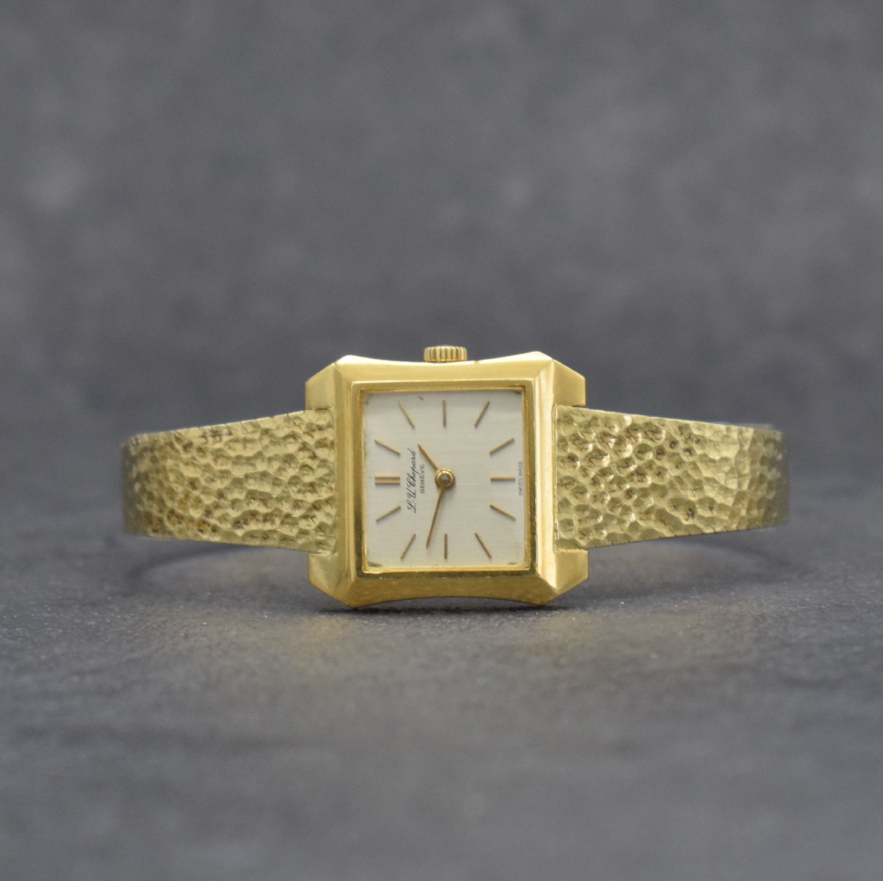CHOPARD Damenarmbanduhr in GG 750/000 mit neutralem Band in GG 585/000, Schweiz um 1960, Handaufzug, quadratisches Geh. m. aufgedr. Boden, fixiertes ...