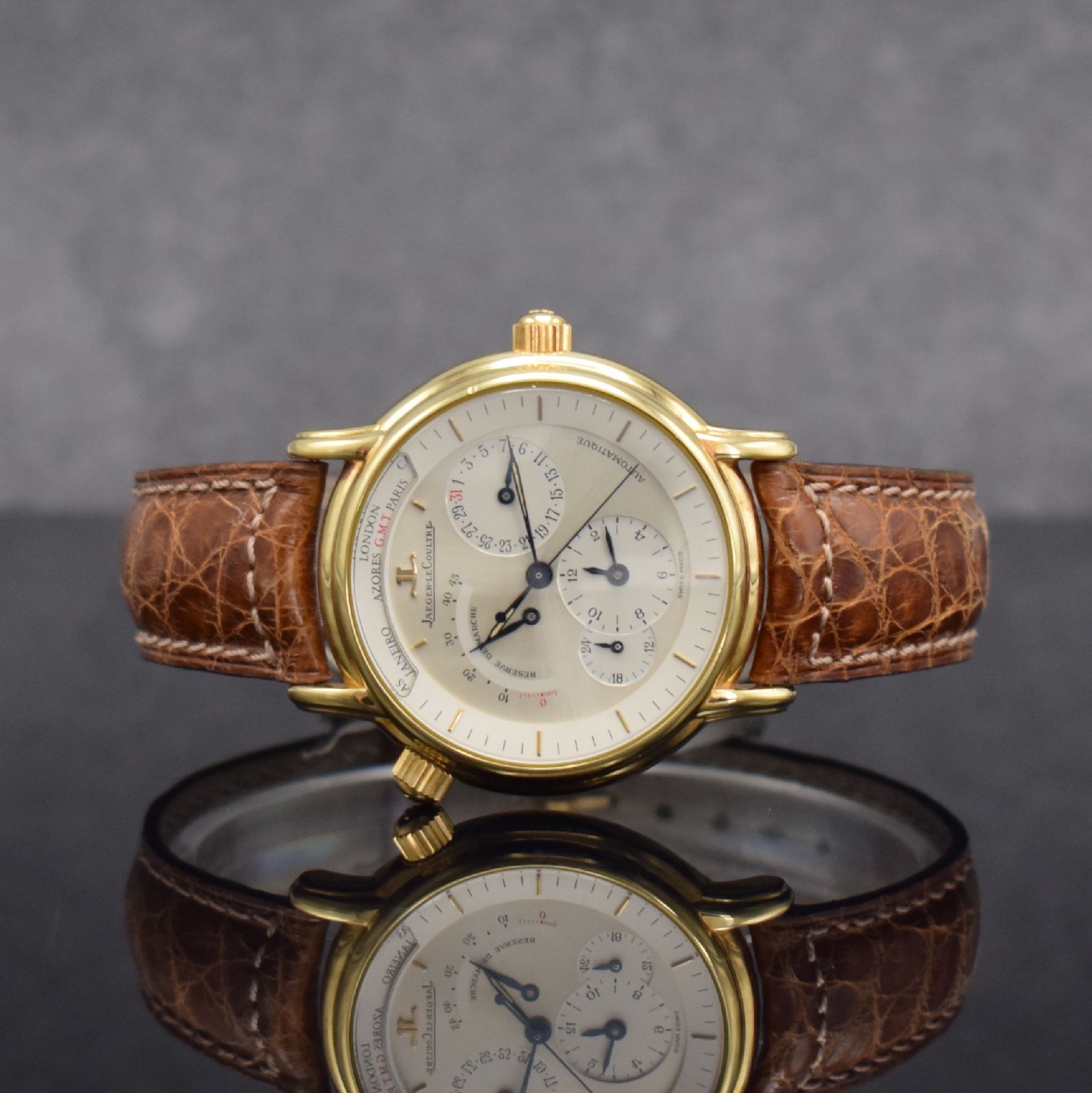 Jaeger-LeCoultre Geographique in GG 750/000, Schweiz um 1990, Automatik, 4-fach verschr. Geh. Ref. 169.1.92, Krone f. Weltzeit b. 10, ...