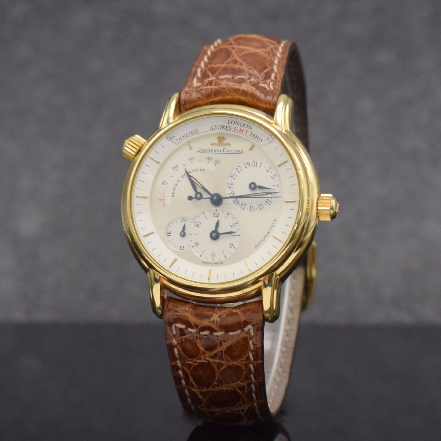 Detail b: Jaeger-LeCoultre Geographique in GG 750/000, Schweiz um 1990, Automatik, 4-fach verschr. Geh. Ref. 169.1.92, Krone f. Weltzeit b. 10, ...