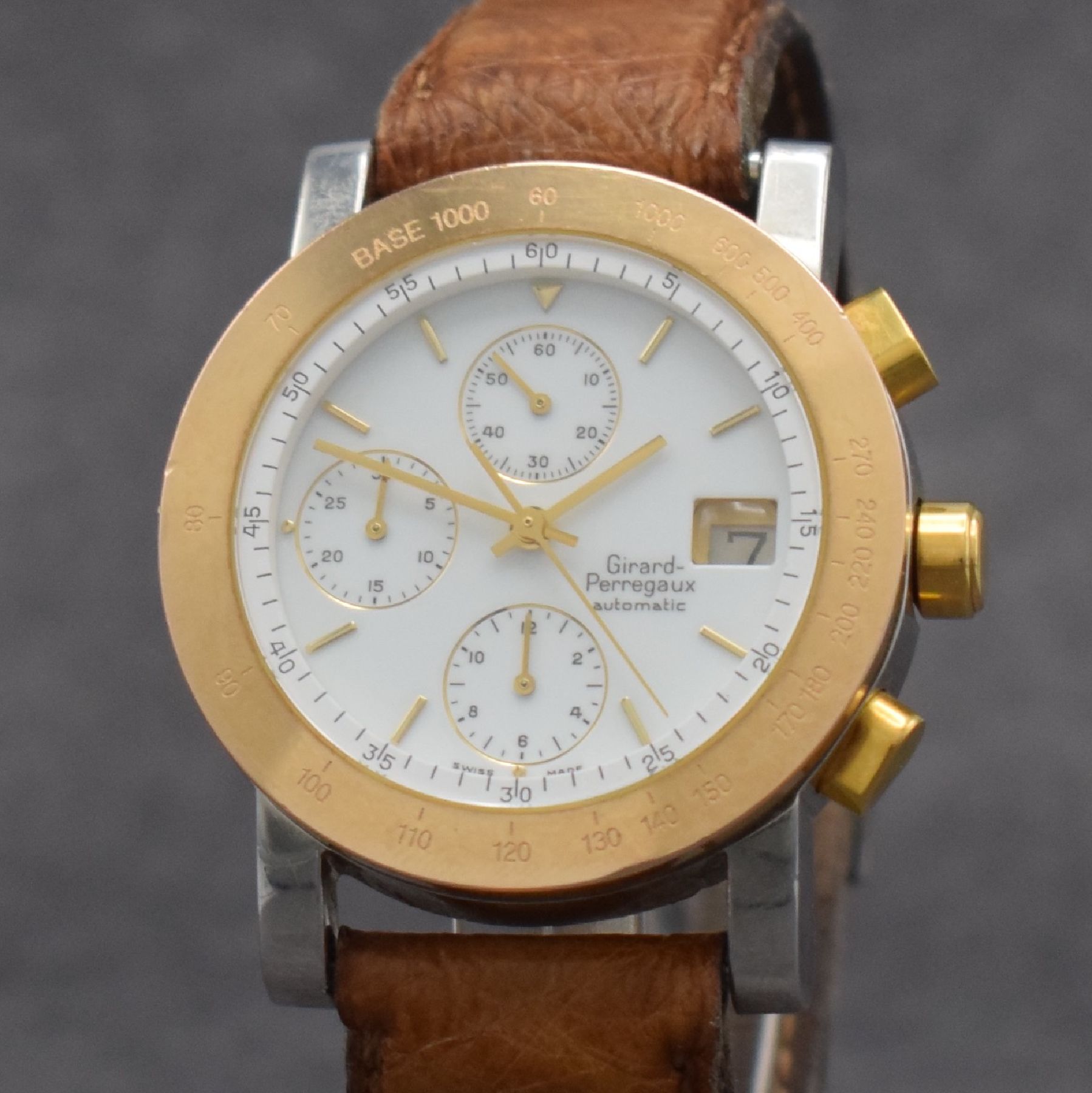 Detail c: GIRARD PERREGAUX Herrenchronograph in Stahl und 18k Rotgold, Schweiz um 2000, Automatik, 4-fach verschr. Geh., Rotgold Tachymeter- Lünette, weißes ...