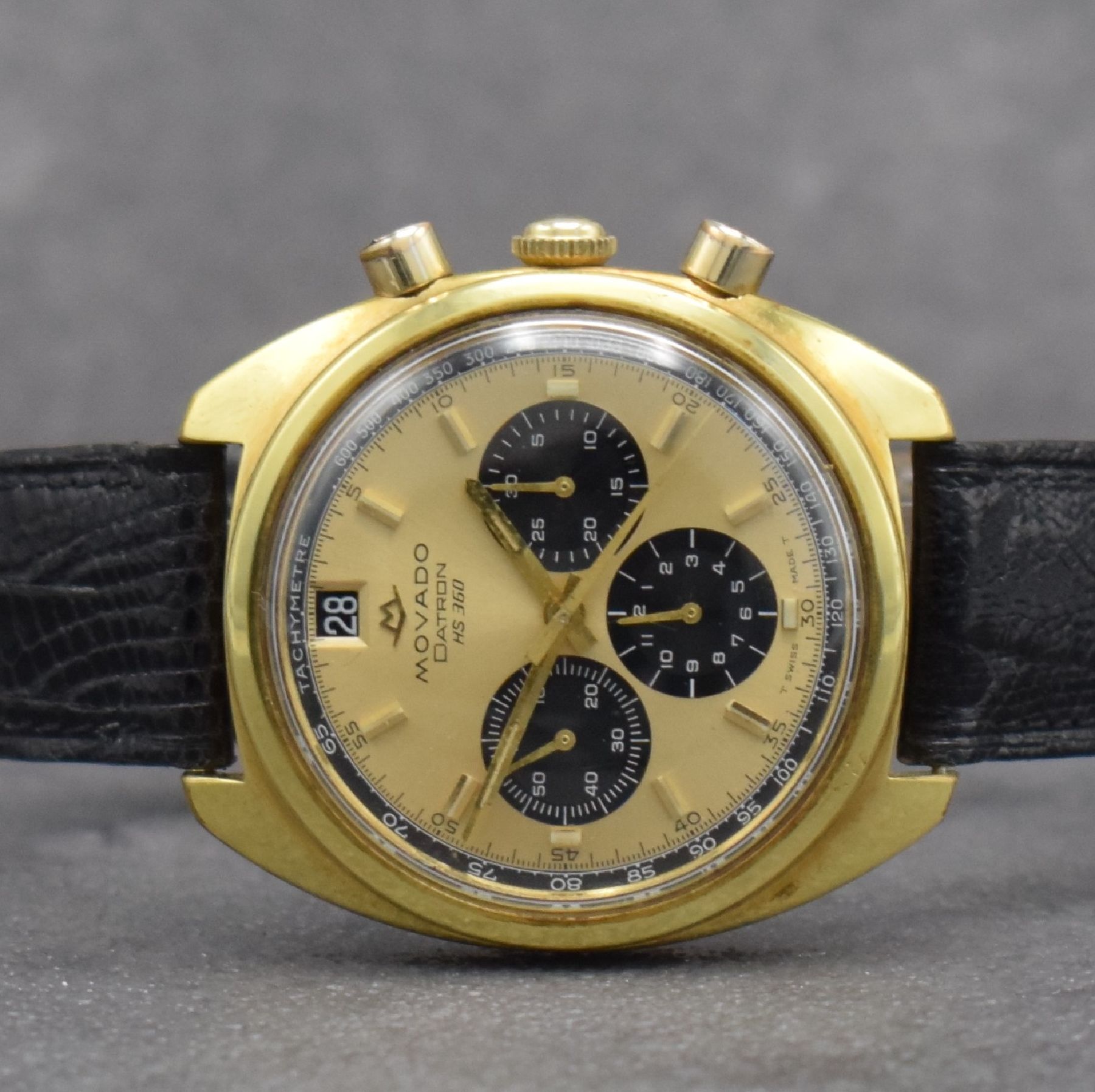 Detail a: MOVADO DATRON HS 360 vergoldeter Schaltradchronograph, Schweiz um 1970, 2- teil. Geh., verschr. Stahlboden, gold. Zifferbl. m. schwarzen ...