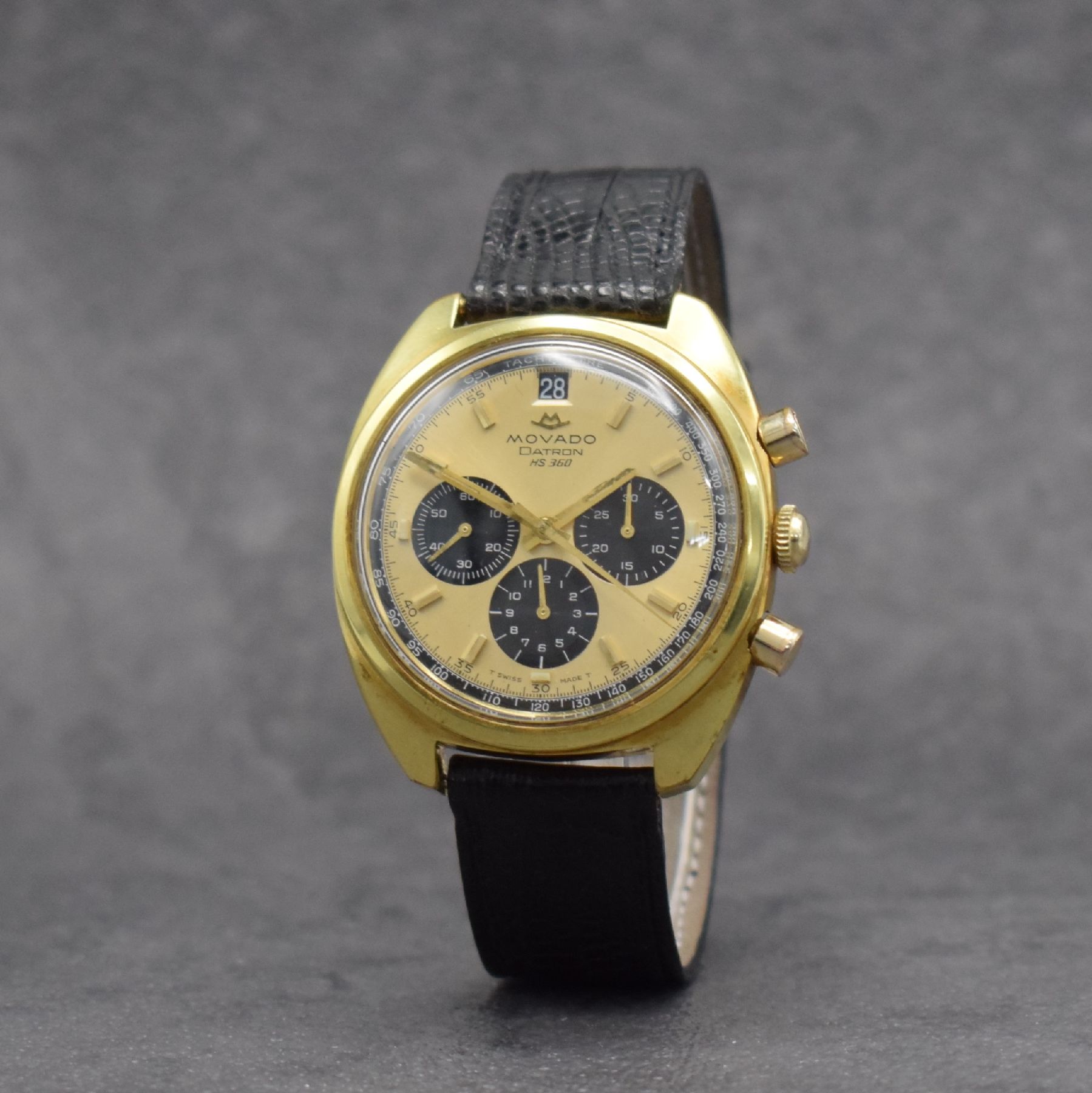 Detail b: MOVADO DATRON HS 360 vergoldeter Schaltradchronograph, Schweiz um 1970, 2- teil. Geh., verschr. Stahlboden, gold. Zifferbl. m. schwarzen ...